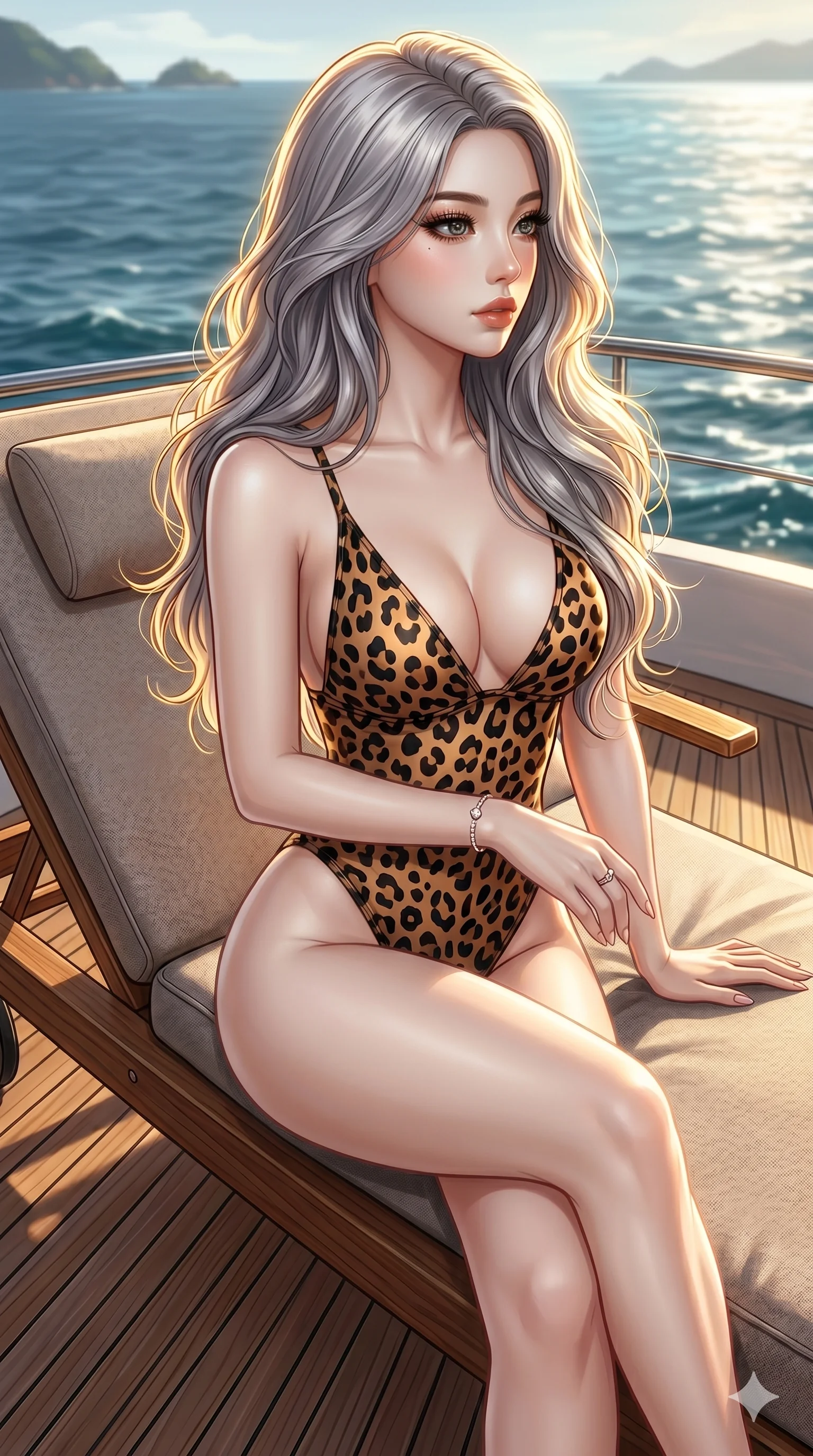 score_9, masterpiece, best quality, ultra-detailed, high-budget anime keyframe portrait, an incredibly beautiful Caucasian anime girl with pale skin anime girl. Low angle cowboy shot filling the frame. She has an absolutely cute and compact proportion, an petite female figure with long slender legs and a voluptuous body. Her face is a highly detailed masterpiece featuring a v-shaped jawline, high-bridge nose, intricate jewel-like eyes, thick eyelashes, and glossy lips. She has silver flowing hair. She is wearing a seductive high-cut leopard print swimsuit, glistening tanned skin, highlighting her alluring silhouette. Sun lounger on a private yacht, cinematic ocean lighting, dramatic rim lighting, cinematic shadows, 2k, ultra detail, master piece, 9:16 ratio