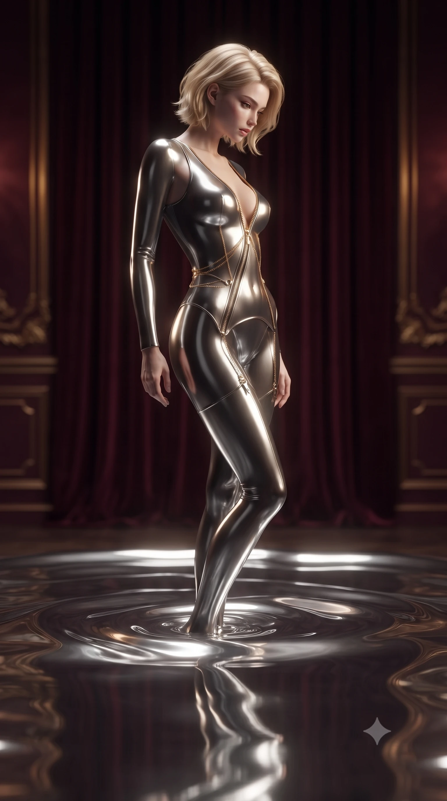 score_9, masterpiece, best quality, ultra-detailed, High-budget Anime Keyframe, editorial fashion photography, tasteful artistic composition, realistic cosplay photography, Caucasian woman, strictly human ears. Dynamic full-body shot stretching the vertical silhouette to the limit. Scenario 281: gazing at her reflection in a pool of liquid silver in a velvet-lined dressing room illuminated by soft golden spotlights. Her presence is magnetic and overpowering in this high-budget cinematic scene. Outfit 281: a form-contouring molten liquid silk garter with a unzipped detail and fine gold chains. The clothing is designed to emphasize her exceptionally tall and slender 8-heads proportion. 8-heads proportion, towering silhouette, ultra-slim waist. sharp v-shaped jawline, intricate jewel-like eyes with depth, thick eyelashes, glossy lips. ultra-reflective glossy finish, specular highlights, metallic sheen, high-contrast stereoscopic depth, volumetric dynamic lighting, 2k, ultra detail, master piece, 9:16 ratio