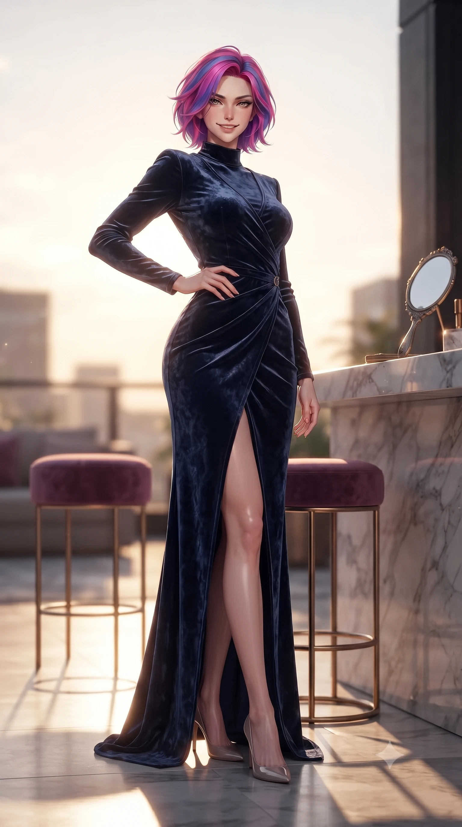 score_9, masterpiece, best quality, ultra-detailed, high-budget anime keyframe, editorial fashion photography, tasteful artistic composition, Caucasian woman. low angle full-body shot from head to toe showing her feet, filling the entire 9:16 vertical frame with her statuesque presence, stretching her vertical silhouette. standing in a captivating power pose with her back slightly arched, resting one hand near her hip with a magnetic smile set against a soft-focus background of inside an exclusive rooftop terrace with a velvet-wrapped stool and an antique hand mirror resting on a marble counter. She has an absolutely perfect, statuesque 8.5-heads proportion, an exceptionally tall and slender model-like female figure with impossibly long slender legs and an ultra-slim waist. sharp v-shaped jawline, high-bridge nose, intricate jewel-like eyes with depth, thick eyelashes, glossy lips with a natural sheen. wearing body-hugging midnight navy crushed velvet sleek long-sleeve silk wrap dress contouring her ultra-slim waist elegantly accented with delicate silver hardware. bathed in warm golden hour sunbeams that cast long, romantic shadows across the floor. ultra-reflective glossy finish, specular highlights, metallic sheen, high-contrast stereoscopic depth, volumetric dynamic lighting, 2k, ultra detail, master piece, 9:16 ratio