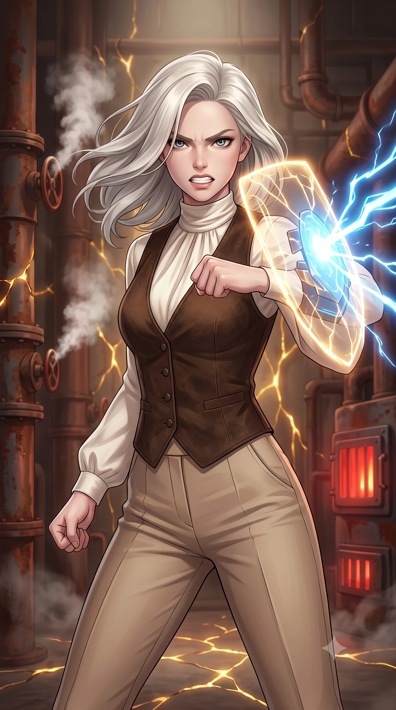 score_9, masterpiece, best quality, ultra-detailed, high-budget anime keyframe, editorial fashion photography, tasteful artistic composition, Caucasian woman, strictly human ears. close-up cowboy shot from the waist and thighs up, the character dominates the composition, filling the frame with her large presence, background elements kept in soft focus. Deflecting incoming plasma bolts with a glowing energy shield attached to her forearm, teeth grit in determination. set against a soft-focus background of a room filled with giant rust-covered pipes, steam venting from valves and furnace doors glowing red in the background. She has an exceptionally elegant and slender, willowy female figure with an ultra-slim waist, a gracefully sculpted slender torso, and a refined slim physique. sharp v-shaped jawline, high-bridge nose, intricate jewel-like eyes with depth, thick eyelashes, glossy lips with a natural sheen. wearing tailored for maximum mobility, sleek form-contouring panels that allow fluid movement, a form-contouring high-neck ivory silk blouse under a dark brown suede vest, paired with beige tailored trousers. highly saturated vibrant anime colors, intense vivid color palette, soft 3D volumetric shading, volumetric dynamic lighting, glowing kintsugi gold light radiating from cracks in the environment creating a majestic inner glow. 2k, ultra detail, master piece, 9:16 ratio