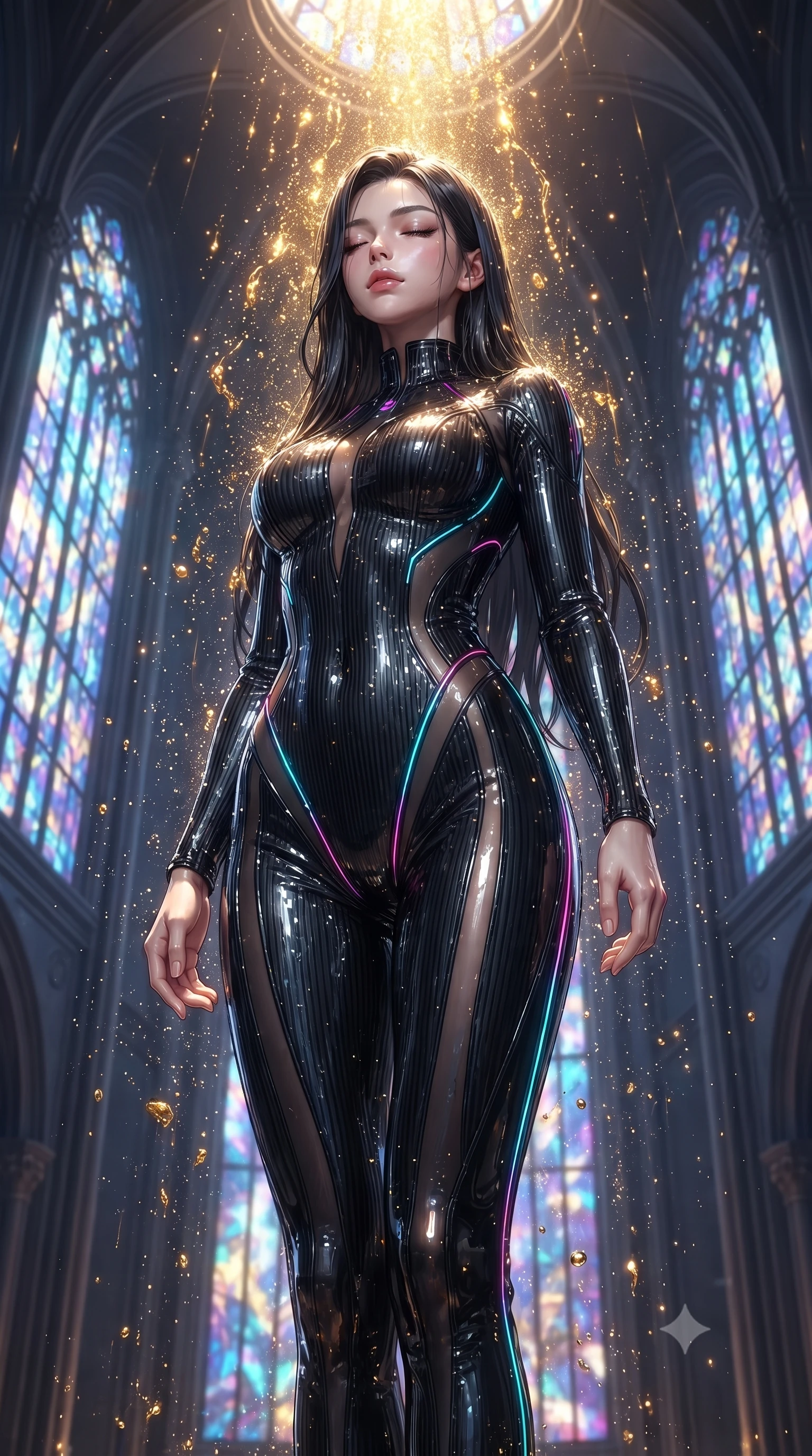 score_9, masterpiece, best quality, ultra-detailed, High-budget Anime Keyframe, editorial fashion photography, tasteful artistic composition, realistic cosplay photography, East Asian woman. Low angle cowboy shot filling the entire 9:16 frame with her statuesque presence. Scenario 334: showering under a cascade of glittering gold stardust inside a futuristic cathedral with holographic stained-glass windows. Her presence is magnetic and overpowering in this high-budget cinematic scene. Outfit 334: a slim-fit ribbed bodycon knit second with a sheer panels and glowing LED seams. The clothing is designed to emphasize her exceptionally tall and slender 8-heads proportion. 8-heads proportion, towering silhouette, ultra-slim waist. sharp v-shaped jawline, intricate jewel-like eyes with depth, thick eyelashes, glossy lips. ultra-reflective glossy finish, specular highlights, metallic sheen, high-contrast stereoscopic depth, volumetric dynamic lighting, 2k, ultra detail, master piece, 9:16 ratio