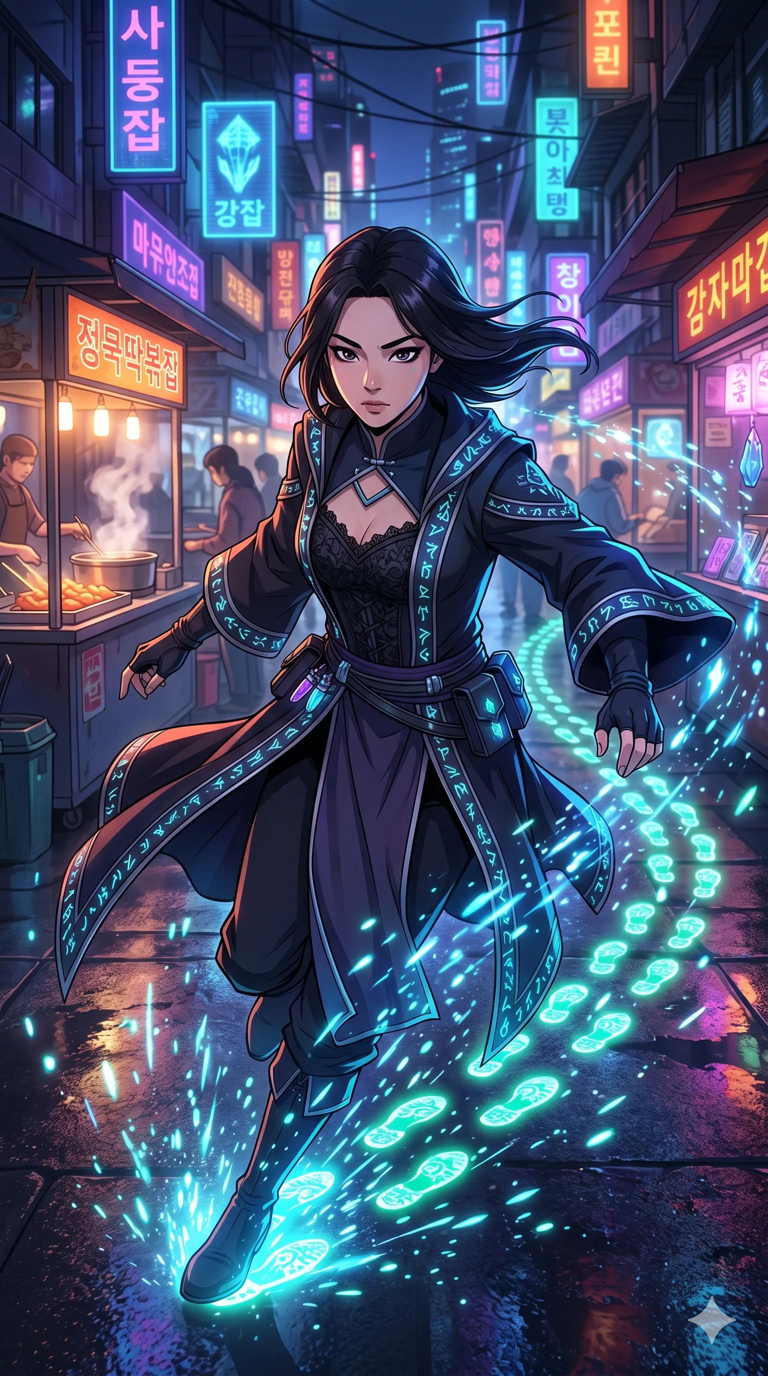 score_9, masterpiece, best quality, ultra-detailed, Set A: High-budget Anime Keyframe, Korean woman. Upper body close-up from the thighs up, character filling the screen for maximum presence. Sliding through a futuristic night market, as she leaves a trail of 278 glowing footprints and surrounded by glowing energy sparks. She has an absolutely perfect 8-heads proportion, an exceptionally tall and slender female figure with impossibly long slender legs and an ultra-slim waist. Sharp v-shaped jawline, high-bridge nose, intricate jewel-like eyes with depth, thick eyelashes, glossy lips with a natural sheen. Wearing Dark sorceress robes with glowing runes and a deep-cut lace corset. Cinematic lighting, vibrant colors, dramatic shadows, 2k, ultra detail, master piece, 9:16 ratio