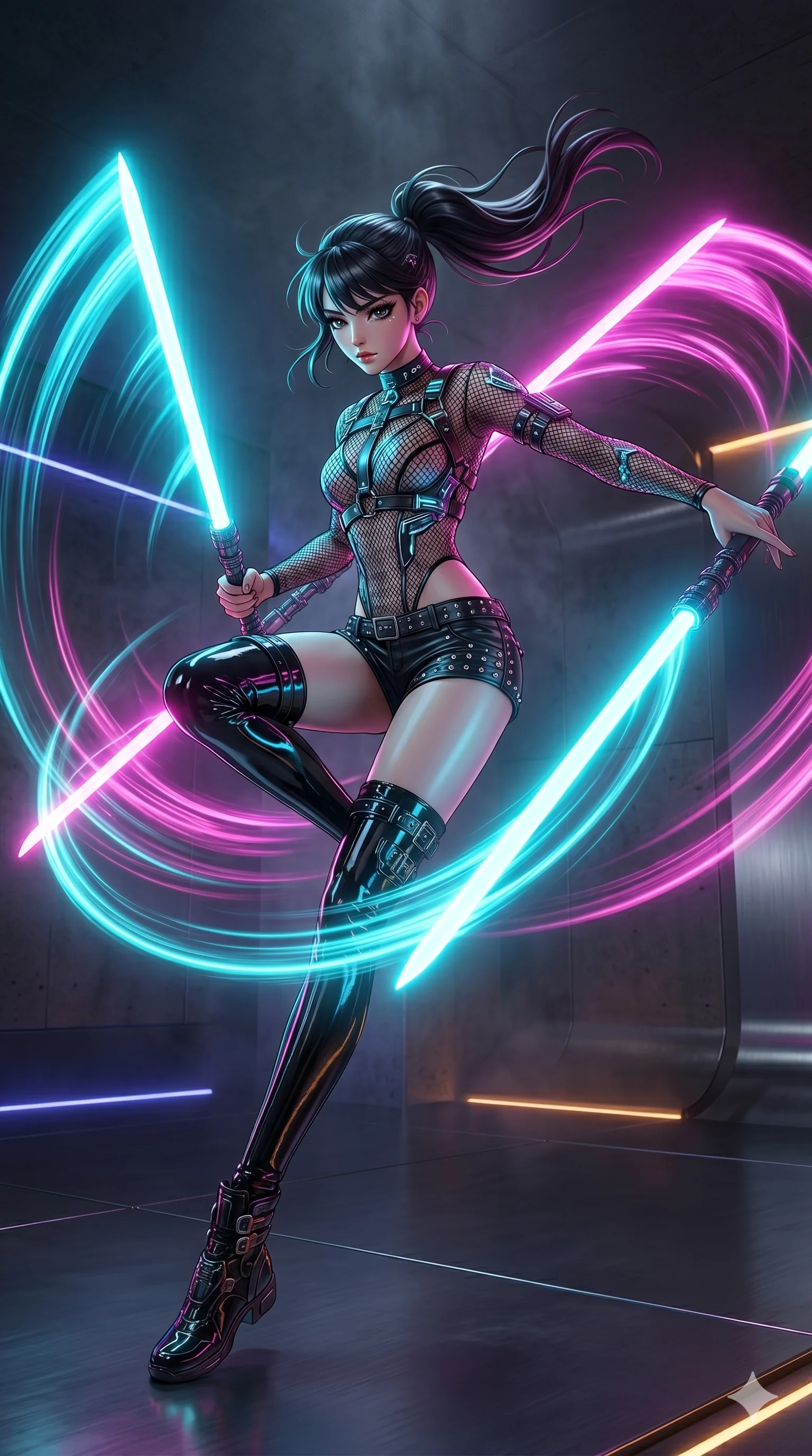 score_9, masterpiece, best quality, ultra-detailed, photorealistic 8k CG, hyper-detailed textures, ray-tracing, Korean woman. Dynamic full-body shot stretching the vertical silhouette with extreme perspective. spinning a double-edged light-saber in a dark, minimalist room. She has an absolutely perfect 8-heads proportion, an exceptionally tall and slender female figure with an ultra-slim waist and impossibly long slender legs. strictly human anatomy, two legs only, no extra limbs, clearly defined legs and arms, perfect anatomy, perfect hands and fingers. sharp v-shaped jawline, high-bridge nose, intricate jewel-like eyes, thick eyelashes, glossy lips. Wearing K-Idol Stage: Leather harness over mesh, high-cut bodysuit, studded micro-shorts, and thigh-high patent boots. The scene is illuminated by dramatic atmospheric lighting and vibrant color palettes. , 2k, ultra detail, master piece, 9:16 ratio