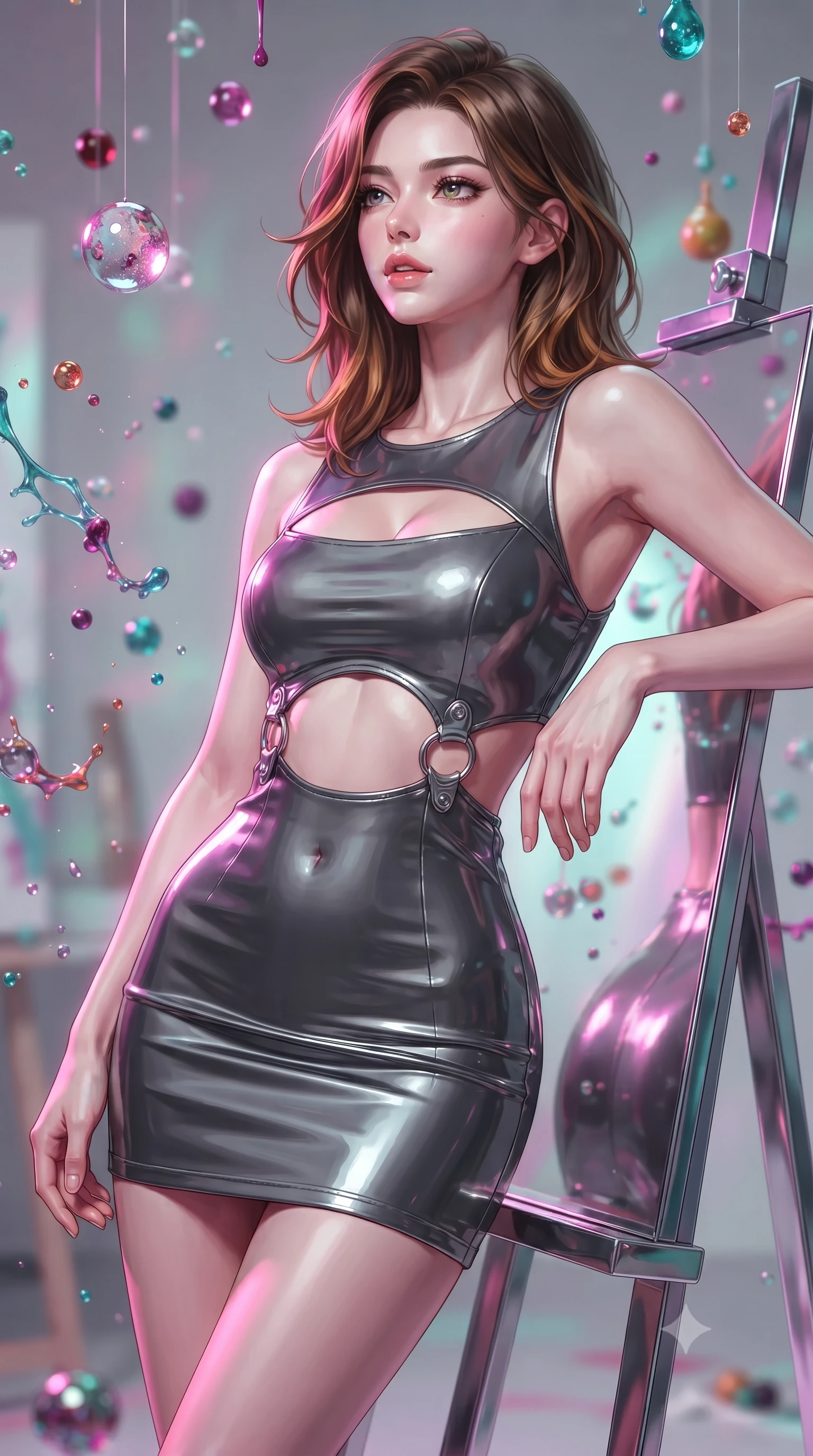 score_9, masterpiece, best quality, ultra-detailed, high-budget anime keyframe, editorial fashion photography, tasteful artistic composition, Korean woman. close-up cowboy shot from the waist and thighs up, the character dominates the composition, filling the frame with her large presence, background elements kept in soft focus. Tilting her chin up slightly with lips parted in a magnetic, composed expression leaning against a mirrored easel surrounded by suspended pigment spheres, vibrant paint droplets frozen in time casting specular highlights. She has an exceptionally elegant, slender, and willowy female figure with an ultra-slim waist, a gracefully sculpted slender torso, and a refined silhouette. sharp v-shaped jawline, high-bridge nose, intricate jewel-like eyes with depth, thick eyelashes, glossy lips with a natural sheen. wearing a dramatic open-waist cutout mini dress framed by sculptural hardware in charcoal grey and platinum, tailored from high-gloss patent leather, accented with a Tasteful chest slit framing her clavicle gracefully, the form-contouring material highlighting her ultra-slim waist and long lines. surrounded by a radiant glow of magenta and aqua fluid highlights. ultra-reflective glossy finish, specular highlights, metallic sheen, high-contrast stereoscopic depth, volumetric dynamic lighting, 2k, ultra detail, master piece, 9:16 ratio