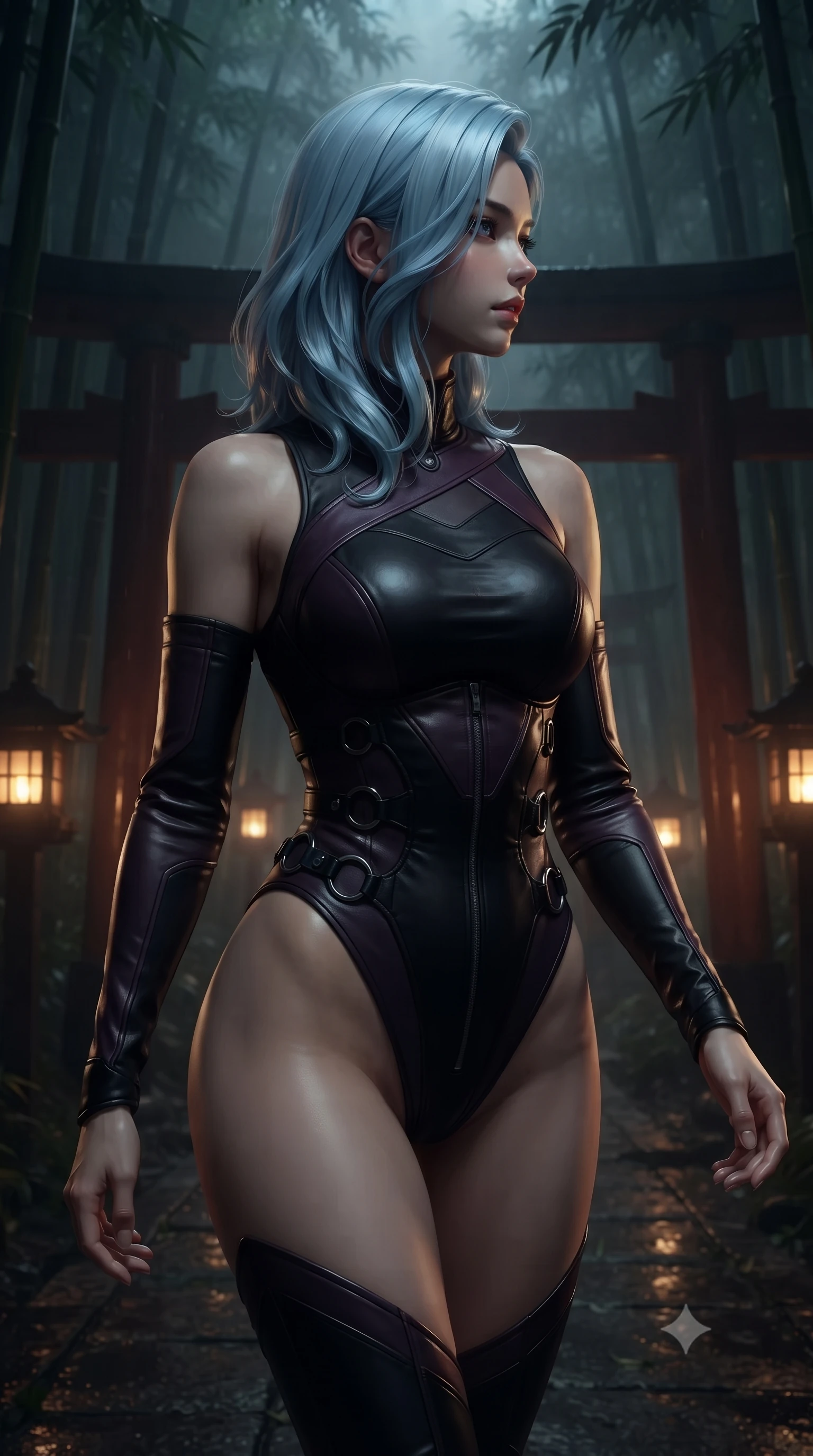 score_9, masterpiece, best quality, ultra-detailed, high-budget anime keyframe, editorial fashion photography, tasteful artistic composition, Korean woman. close-up cowboy shot from the waist and thighs up, the character dominates the composition, filling the frame with her large presence, background elements kept in soft focus. Turning her face in sharp dramatic profile against the moody key light, navigating a shadowy dark bamboo forest path lined with dim amber lanterns, wet dark lacquer Torii gates reflecting sharp amber key highlights. She has an exceptionally elegant, slender, and willowy female figure with an ultra-slim waist, a gracefully sculpted slender torso, and a refined silhouette. sharp v-shaped jawline, high-bridge nose, intricate jewel-like eyes with depth, thick eyelashes, glossy lips with a natural sheen. wearing asymmetric high-cut cyber-bodysuit with detached sleeves in onyx black in dark plum violet, made of polished black leather, trimmed with dark chrome ring hardware along the waist contours, accentuating her gracefully sculpted slender torso. lit by dim golden key light piercing through heavy midnight fog. highly saturated vibrant anime colors, detailed shading with soft gradients, rich glossy textures, high-contrast stereoscopic depth, volumetric dynamic lighting, master piece, 9:16 ratio