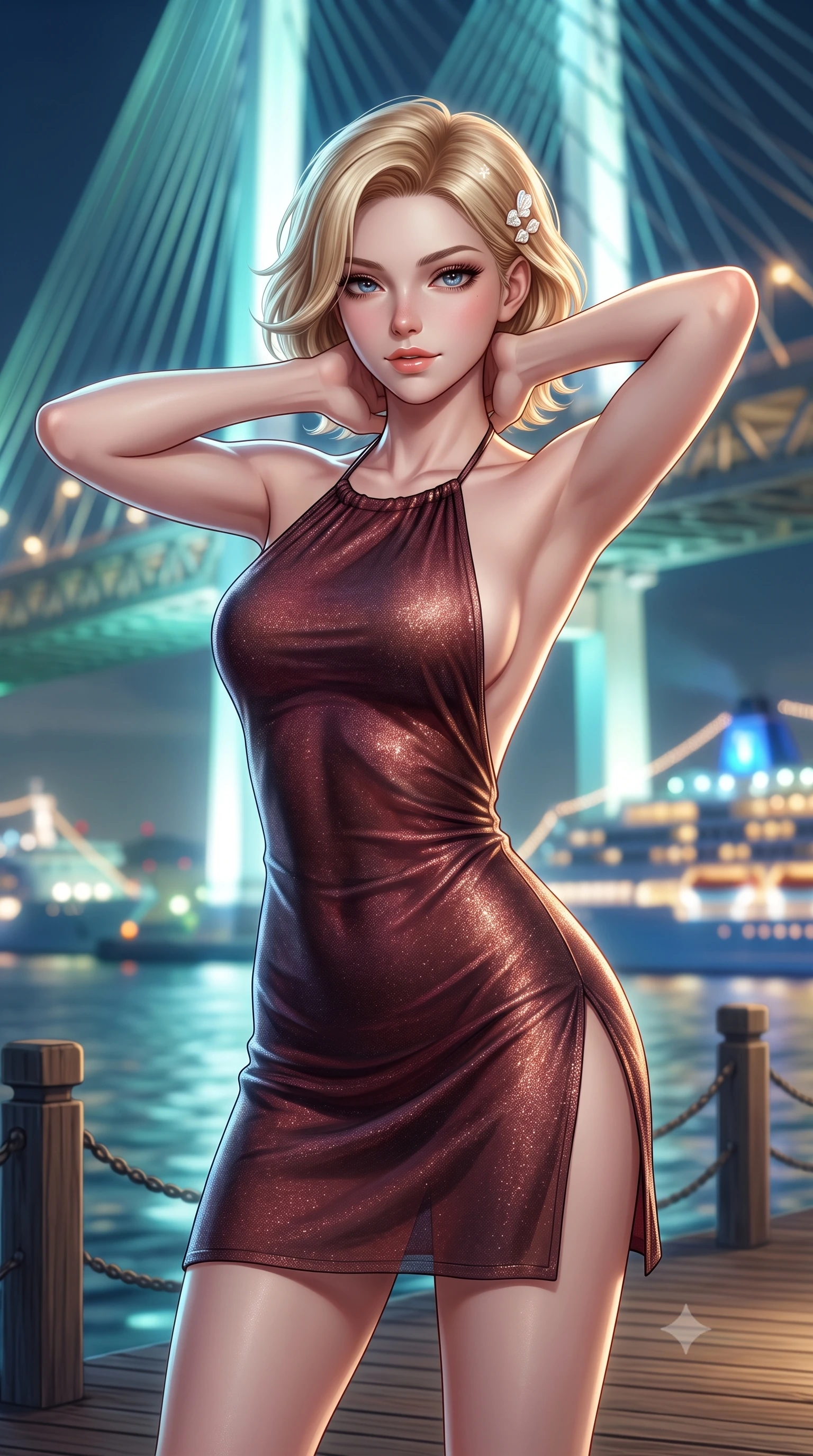 score_9, masterpiece, best quality, ultra-detailed, high-budget anime keyframe, semi-realistic 3D game render, editorial fashion photography, tasteful artistic composition, Caucasian woman. close-up cowboy shot from the waist and thighs up, the character dominates the composition, filling the frame with her large presence. resting both hands lightly behind her neck with elbows raised, arching her spine to highlight her narrow waist, flat midriff, and breathtaking collarbones while standing at the pier wooden railing overlooking the illuminated suspension bridge, arching her back with breathtaking city-pop romance. The background shows a soft-focus the towering illuminated cables of Yokohama Bay Bridge and harbor cruise ship lights blurred into aquamarine, sapphire, and gold bokeh. She has an exceptionally elegant, slender, and willowy female figure with an ultra-slim waist, flat toned midriff, narrow ribcage, and sculpted feminine hips creating an alluring, slim hourglass silhouette without bulk. sharp v-shaped jawline, high-bridge nose, sparkling eyes with hypnotic seductive depth, thick curled eyelashes, glossy parted lips with a natural dewy peach sheen, alluring bedroom-eyes with an enchanting coquettish smile, exuding magnetic siren charisma and sophisticated glamour, flawlessly proportioned anatomical accuracy, strict slender model proportions, natural body alignment, perfectly sculpted long slender limbs, ultra-slim waistline, clean dynamic posture without body distortion. wearing a slinky backless halterneck column mini dress in shimmering stretch lurex with deep side slits in smoky bordeaux wine and gilded bronze, made of sheer gossamer chiffon that drapes softly against skin with airy translucence, finished with delicate mother-of-pearl hairpin ornaments glinting in her dark glossy hair, the liquid-tight tailored fabric clinging flawlessly to her narrow waist and rounded feminine hips, emphasizing every millimeter of her sculpted slim hourglass curves without any bulky heaviness. illuminated by harbor water moonbeam bounce and sharp platinum rim lights defining her collarbones, narrow waist, and curvy hips. highly saturated vibrant anime colors, detailed shading with soft gradients, rich glossy textures, high-contrast stereoscopic depth, volumetric dynamic lighting, master piece, 9:16 ratio