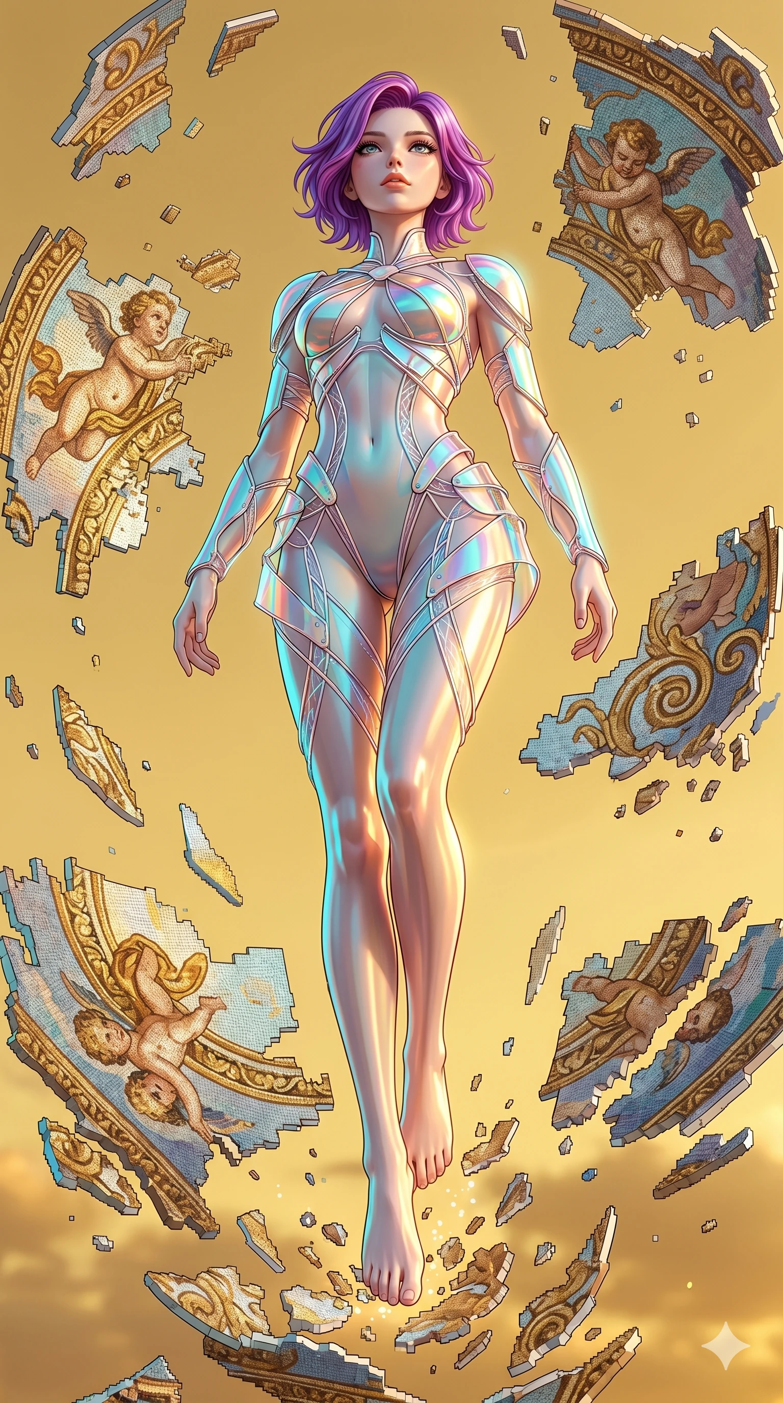 score_9, masterpiece, best quality, ultra-detailed, high-budget anime keyframe, Japanese woman. low angle full-body shot filling the entire 9:16 frame with her statuesque presence, stretching the vertical silhouette. propelling herself off digital baroque ceiling fresco shards that float and reassemble in a golden sky. She has an absolutely perfect 8-heads proportion, an exceptionally tall and slender female figure with impossibly long slender legs and an ultra-slim waist. V-shaped jawline, high-bridge nose, intricate jewel-like eyes with depth, thick eyelashes, glossy lips with a natural sheen.. wearing a holographic ribbon shell armor, featuring thin iridescent plates linked by wire straps over a sleek contouring base. showcasing a beautiful play of light and shadow, with warm golden rays clashing against cool cyan highlights. 2k, ultra detail, master piece, 9:16 ratio