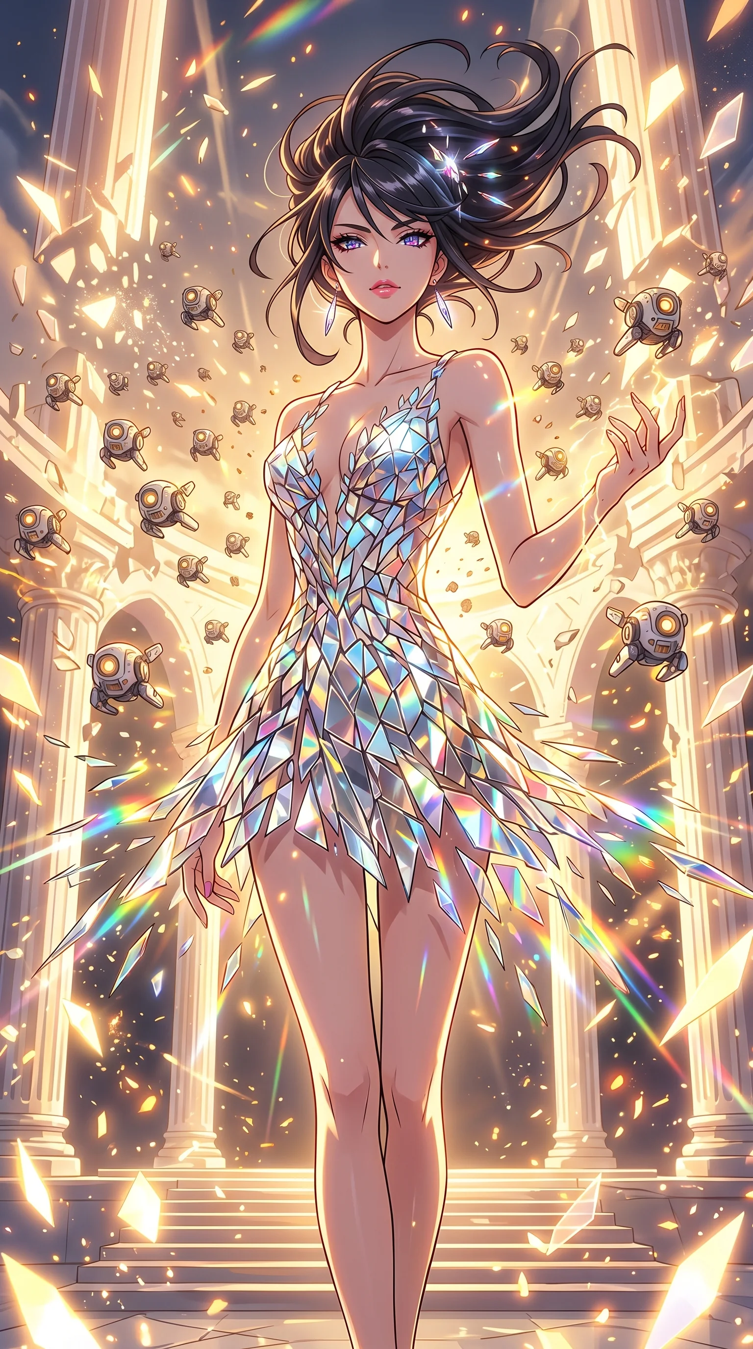 score_9, masterpiece, best quality, ultra-detailed, Set A: High-budget Anime Keyframe, Japanese woman. Upper body close-up from the thighs up, character filling the screen for maximum presence. Theme: Ethereal Dream. shattering the fabric of reality in a temple made of solid light, surrounded by 199 hovering guardian drones. The atmosphere is filled with golden hour with floating embers. She has an absolutely perfect 8-heads proportion, an exceptionally tall and slender female figure with impossibly long slender legs and an ultra-slim waist. Sharp v-shaped jawline, high-bridge nose, intricate jewel-like eyes with depth, glossy lips. Wearing Fragmented mirror-glass dress that creates a prismatic lighting effect around her. Cinematic lighting, vivid colors, dramatic shadows, 2k, ultra detail, master piece, 9:16 ratio