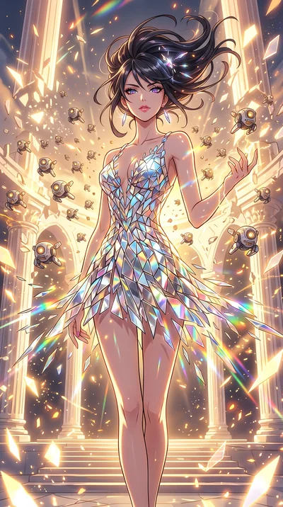 score_9, masterpiece, best quality, ultra-detailed, Set A: High-budget Anime Keyframe, Japanese woman. Upper body close-up from the thighs up, character filling the screen for maximum presence. Theme: Ethereal Dream. shattering the fabric of reality 