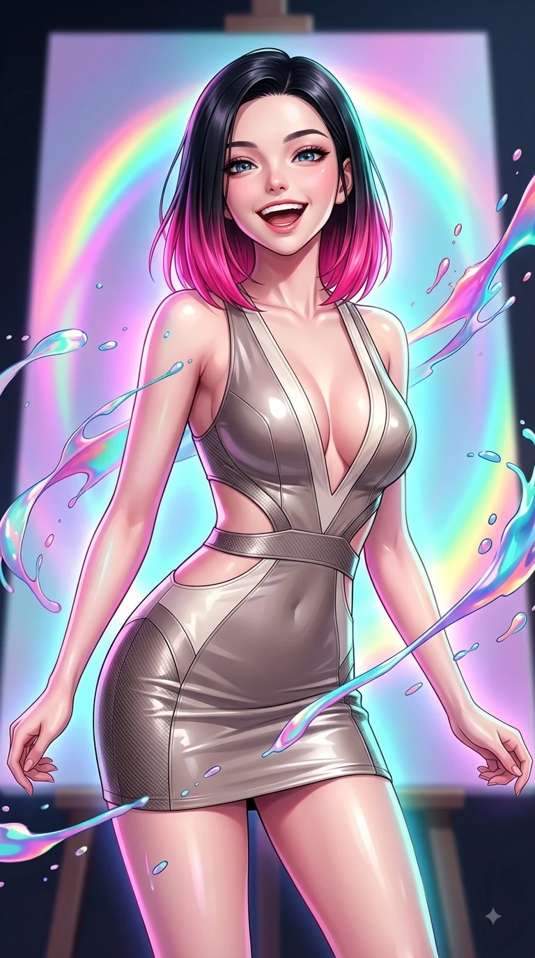 score_9, masterpiece, best quality, ultra-detailed, high-budget anime keyframe, editorial fashion photography, tasteful artistic composition, Korean woman. close-up cowboy shot from the waist and thighs up, the character dominates the composition, filling the frame with her large presence, background elements kept in soft focus. Joyful laughing expression filled with genuine happiness and warmth, leaning forward with cheerful energy while poised in a playful stance before a giant holographic canvas emitting luminous color arcs, vibrant ribbons of opal paint and color splashes frozen in mid-air around her figure. She has an exceptionally elegant, slender, and willowy female figure with an ultra-slim waist, a gracefully sculpted slender torso, and a refined silhouette. sharp v-shaped jawline, high-bridge nose, intricate jewel-like eyes with depth, thick eyelashes, glossy lips with a natural sheen, flawlessly proportioned anatomical accuracy, natural body alignment, perfectly sculpted elegant limbs, clean dynamic posture without body distortion. wearing a liquid mercury gloss mini dress with ultra-deep V-neck and waist cutouts in muted taupe and soft ivory, made of fine carbon-fiber weave and soft matte leather, featuring subtle geometric cutouts that highlight her ultra-slim midriff, the form-contouring material highlighting her ultra-slim waist and long lines. surrounded by a radiant glow of magenta, aqua, and golden fluid highlights. highly saturated vibrant anime colors, detailed shading with soft gradients, rich glossy textures, high-contrast stereoscopic depth, volumetric dynamic lighting, master piece, 9:16 ratio