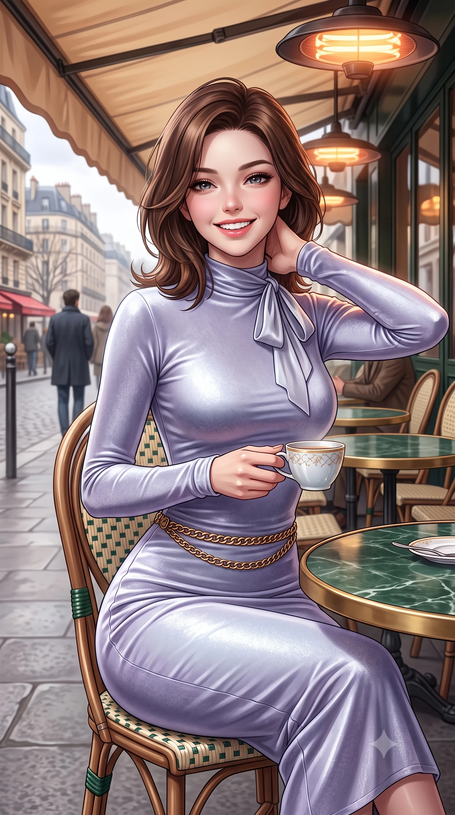 score_9, masterpiece, best quality, ultra-detailed, high-budget anime keyframe, semi-realistic 3D game render, editorial fashion photography, tasteful artistic composition, Korean woman. close-up cowboy shot from the waist and thighs up, the character dominates the composition, filling the frame with her large presence. resting one hand lightly behind her neck, arching her back with supermodel poise while beaming with an infectious radiant smile while sitting poised at a round green marble bistrot table beneath the heated cafe awning, cradling a porcelain cup with a radiant French smile. The surrounding environment is rendered in vivid detail and crisp panoramic clarity: detailed silk pussy-bow blouse drape, tailored A-line wool skirt pleats, and authentic Parisian street furniture in high resolution. She has an exceptionally elegant, slender, and willowy female figure with an ultra-slim waist, flat toned midriff, narrow ribcage, and sculpted feminine hips creating an alluring, slim hourglass silhouette without bulk. sharp v-shaped jawline, high-bridge nose, intricate jewel-like sparkling eyes with depth, thick eyelashes, glossy parted lips with a natural peach sheen, bright cheerful beaming smile with an enchanting and coquettish sensual glint, exuding both youthful cute charm and seductive allure, flawlessly proportioned anatomical accuracy, strict slender model proportions, natural body alignment, perfectly sculpted long slender limbs, ultra-slim waistline, clean dynamic posture without body distortion. wearing a sleek stretch velvet mock-neck bodycon midi dress with long sleeves contouring her willowy torso and hips in frosted mountain lavender and shimmering ice silver, made of ultra-fine Mongolian cashmere with sleek glove-like elasticity contouring her silhouette, finished with a sleek gold chain belt resting snugly across her narrow waist and curving hips, the liquid-tight tailored fabric clinging flawlessly to her narrow waist and rounded feminine hips, emphasizing every millimeter of her sculpted slim hourglass curves without any bulky heaviness. bathed in soft overcast Parisian natural daylight warmed by glowing overhead outdoor patio heaters. highly saturated vibrant anime colors, detailed shading with soft gradients, rich glossy textures, high-contrast stereoscopic depth, volumetric dynamic lighting, master piece, 9:16 ratio