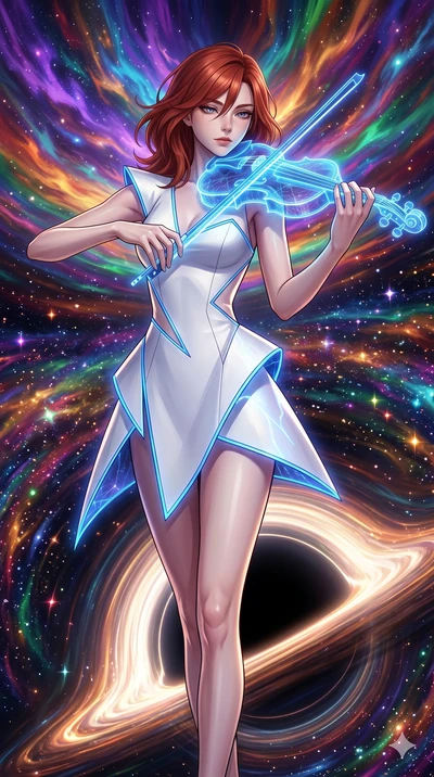 score_9, masterpiece, best quality, ultra-detailed, Set A: High-budget Anime Keyframe, Japanese woman. Upper body close-up from the thighs up, character filling the screen for maximum presence. Theme: Historical Remix. playing a holographic violin in