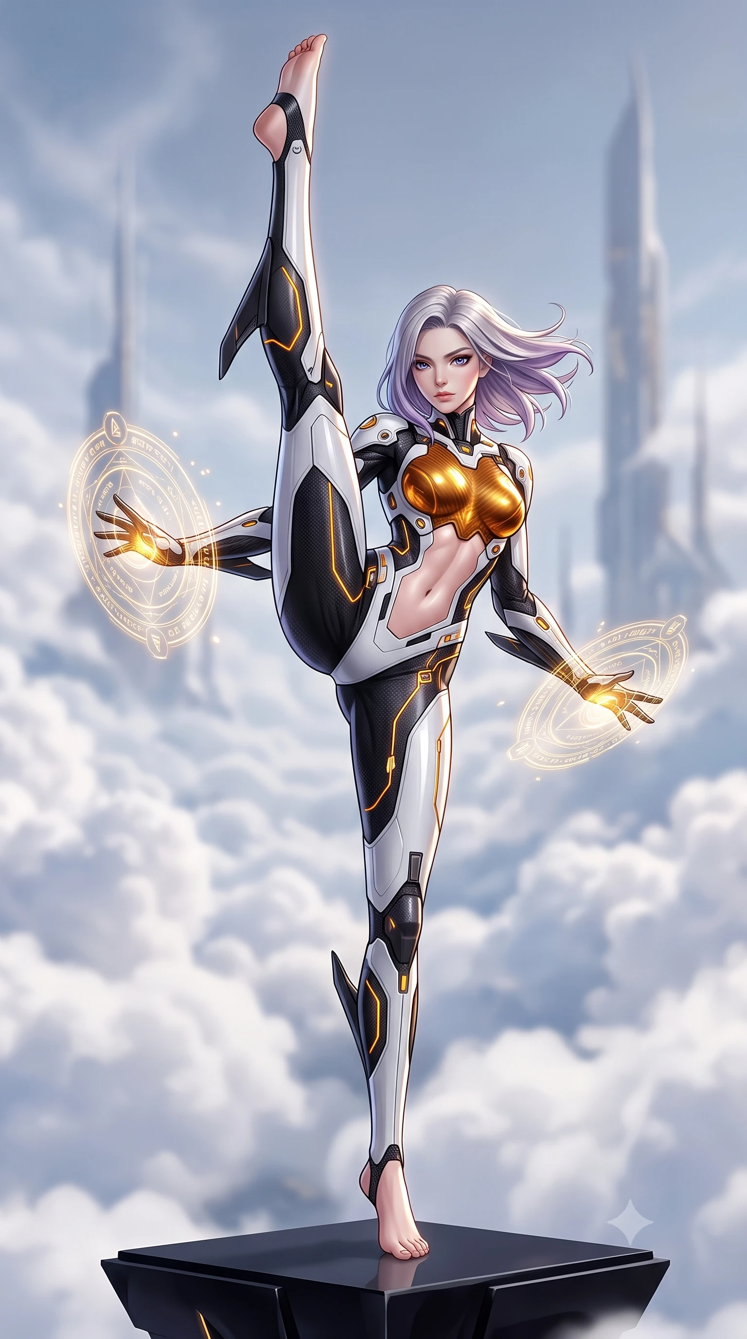 score_9, masterpiece, best quality, ultra-detailed, high-budget anime keyframe, semi-realistic 3D game render, editorial fashion photography, tasteful artistic composition, Caucasian woman. low angle full-body shot from head to toe showing her feet, filling the entire 9:16 vertical frame with her statuesque presence, stretching her vertical silhouette. executing a breathtaking zero-gravity high-kick with full 180-degree vertical extension, her impossibly long slender legs dominating the frame with razor-sharp poise while standing poised on a floating obsidian altar as golden holographic runes orbit her palms in concentrated energy focus. The composition keeps background elements in soft focus with creamy bokeh. billowing white cloud seas and distant celestial spires softened by shallow atmospheric focus. She has an absolutely perfect, statuesque 8.5-heads proportion, an exceptionally tall and slender model-like female figure with impossibly long slender legs, a toned flat midriff, and an ultra-slim waist. sharp v-shaped jawline, high-bridge nose, intricate jewel-like eyes with depth, thick eyelashes, glossy lips with a natural sheen, flawlessly proportioned anatomical accuracy, strict slender model proportions, natural body alignment, perfectly sculpted long slender limbs, ultra-slim waistline, clean dynamic posture without body distortion. wearing a high-contrast monochrome white-and-black carbon-composite exoskeleton suit with glowing amber circuitry and aerodynamic limb fins in molten amber-gold carbon cuirass with dark titanium weave, crafted from semi-translucent cybernetic carbon-vinyl interwoven with glowing micro-filaments, finished with high-mobility flexible limb seams and miniature magnetic armor locks, the liquid-tight tailored fabric emphasizing every curve of her tall, slender model proportions and sculptured silhouette during dynamic movement. illuminated by crisp specular highlights tracing her sculpted flat midriff, bare spine, and slender limbs. rich saturated anime colors with glowing neon highlights, detailed shading with soft gradients, rich glossy textures, high-contrast stereoscopic depth, volumetric dynamic lighting, master piece, 9:16 ratio
