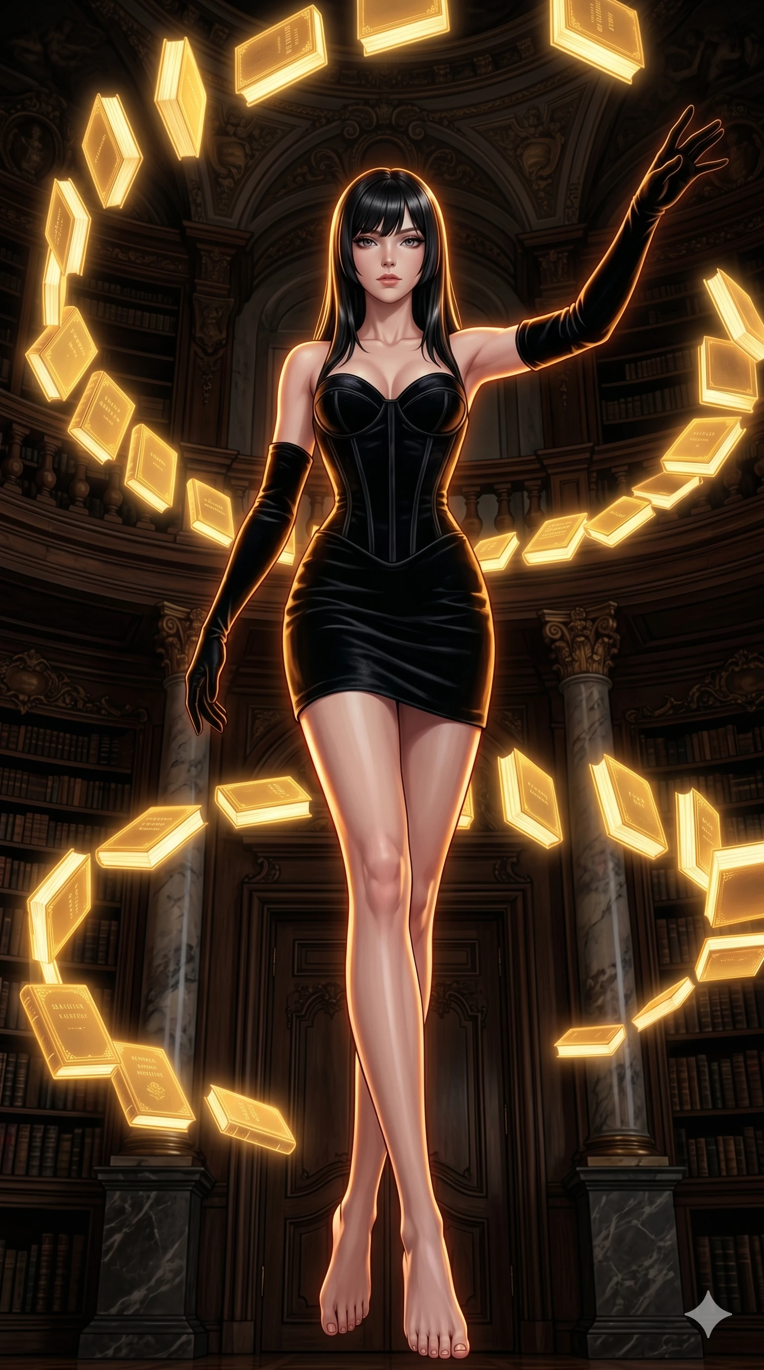 score_9, masterpiece, best quality, ultra-detailed, high-budget anime keyframe, editorial fashion photography, tasteful artistic composition, Caucasian woman, strictly human ears. low angle full-body shot from head to toe showing her feet, filling the entire 9:16 vertical frame with her statuesque presence, stretching her vertical silhouette. Lunging dynamically forward with one arm raised amidst a baroque library where glowing golden books orbit in slow spiral patterns. She has an absolutely perfect 8-heads proportion, an exceptionally tall and slender female figure with impossibly long slender legs and an ultra-slim waist. V-shaped jawline, high-bridge nose, intricate jewel-like eyes with depth, thick eyelashes, glossy lips with a natural sheen. wearing a structured bustier-corseted mini dress in black velvet with boning that dramatically emphasizes the waist, a sweetheart neckline, and dramatic floor-length opera gloves in matching black. drenched in warm amber cinematic rim lighting that traces every contour of her silhouette against a dark background. 2k, ultra detail, master piece, 9:16 ratio