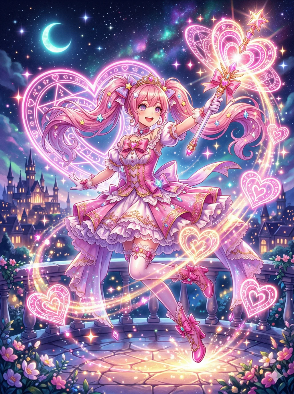 A beautiful magical girl in a frilly pink dress with a glowing wand, heart-shaped magical circles, 2k, ultra detail, master piece, 3:4 ratio