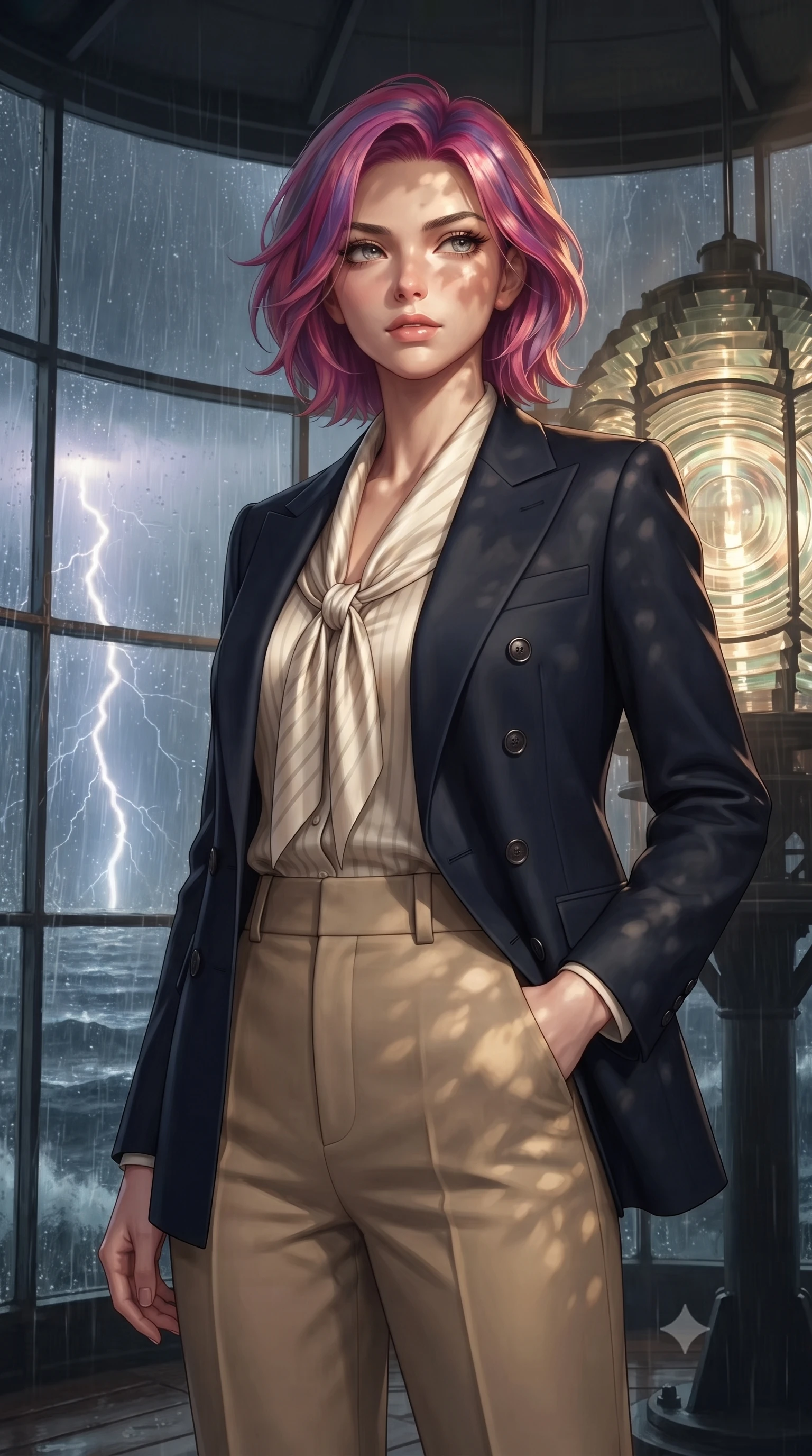 score_9, masterpiece, best quality, ultra-detailed, high-budget anime keyframe, editorial fashion photography, tasteful artistic composition, Caucasian woman, strictly human ears. close-up cowboy shot from the waist and thighs up, the character dominates the composition, filling the frame with her large presence, background elements kept in soft focus. Gazing past the camera with an air of effortless superiority. set against a soft-focus background of inside the glass lantern room at the top of a lighthouse during a fierce storm with the massive Fresnel lens rotating slowly rain streaming down every glass panel and lightning illuminating churning seas below. She has an exceptionally elegant and slender, willowy female figure with an ultra-slim waist, a gracefully sculpted slender torso, and a refined slim physique. sharp v-shaped jawline, high-bridge nose, intricate jewel-like eyes with depth, thick eyelashes, glossy lips with a natural sheen. wearing a tailored navy double-breasted blazer over a cream striped silk scarf top and high-waisted khaki slacks. warm golden afternoon sunbeams casting soft organic leaf shadows across her skin. 2k, ultra detail, master piece, 9:16 ratio