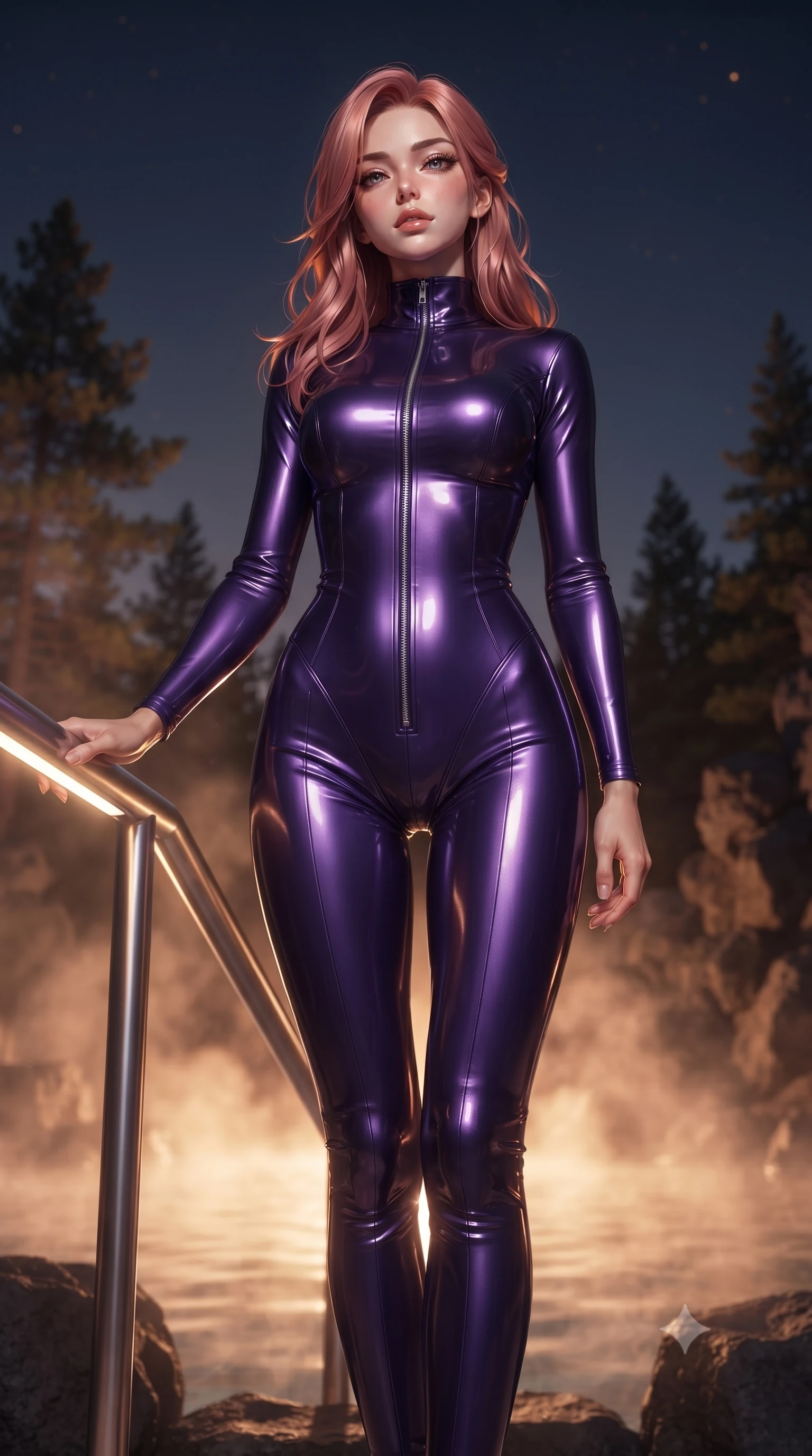 score_9, masterpiece, best quality, ultra-detailed, high-budget anime keyframe, editorial fashion photography, tasteful artistic composition, Japanese woman. low angle full-body shot from head to toe showing her feet, filling the entire 9:16 vertical frame with her statuesque presence, stretching her vertical silhouette. standing in a tall, confident posture with one hand on a glowing metal railing, stretching her statuesque body, the background shows a soft-focus a volcanic glass hot spring surrounded by basalt rocks and pine trees. She has an absolutely perfect, statuesque 8.5-heads proportion, an exceptionally tall and slender model-like female figure with impossibly long slender legs and an ultra-slim waist. sharp v-shaped jawline, high-bridge nose, intricate jewel-like eyes with depth, thick eyelashes, glossy lips with a natural sheen. wearing a form-contouring form-contouring pilot flight suit in deep purple liquid vinyl, featuring a snug mock-neck and chrome zippers. soft morning mist diffusing the warm starlight, creating a cozy wash. ultra-reflective glossy finish, specular highlights, metallic sheen, high-contrast stereoscopic depth, volumetric dynamic lighting, 2k, ultra detail, master piece, 9:16 ratio
