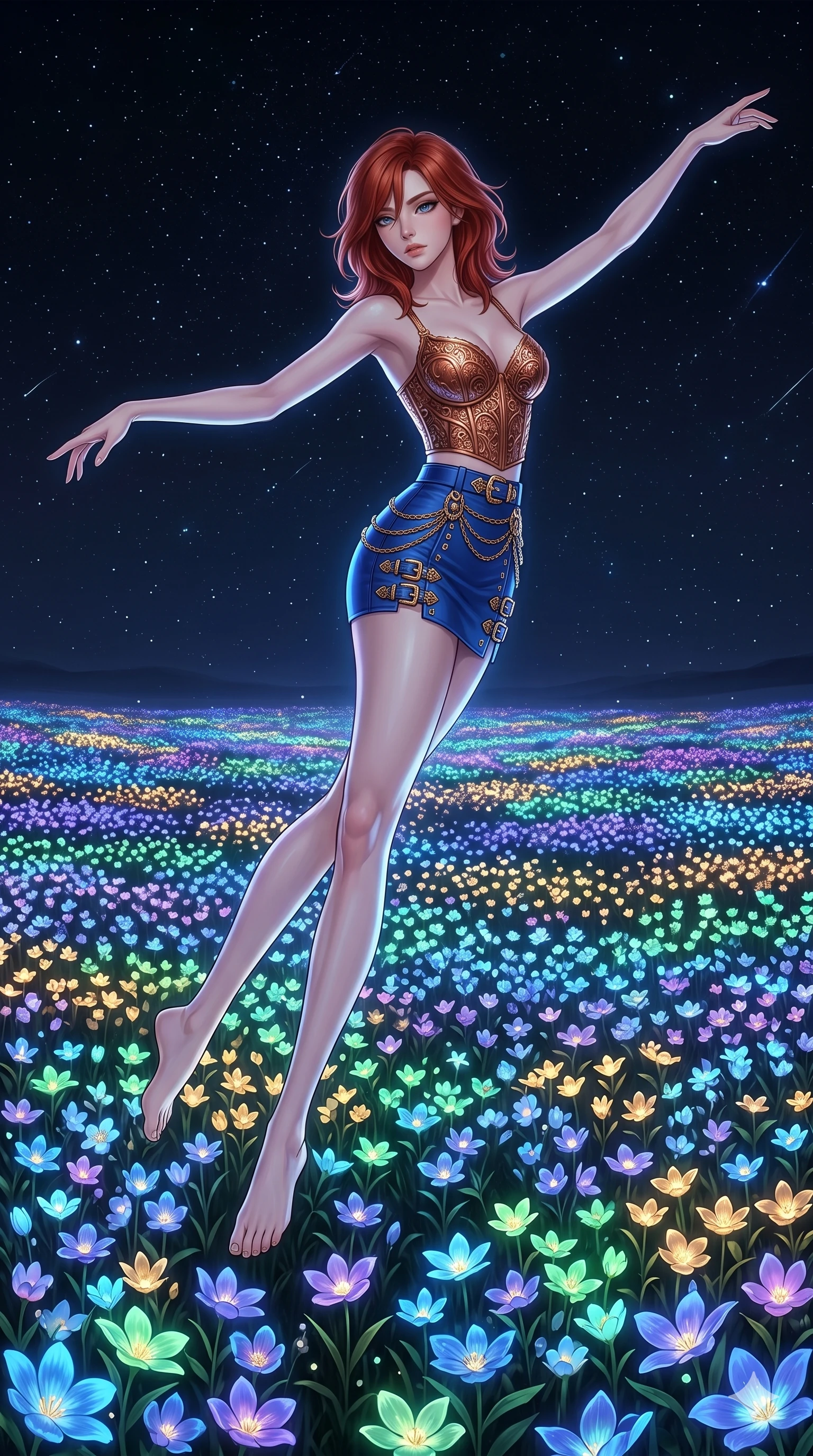 score_9, masterpiece, best quality, ultra-detailed, high-budget anime keyframe, editorial fashion photography, tasteful artistic composition, Korean woman. low angle full-body shot from head to toe showing her feet, filling the entire 9:16 vertical frame with her statuesque presence, stretching her vertical silhouette. leaping gracefully through a midnight meadow stretching to the horizon where every flower emits its own soft bioluminescent glow in different colors creating a landscape of living light in blue violet green and gold. She has a statuesque 8.5-heads proportion, an exceptionally tall, slender and willowy model-like build with impossibly long legs and a highly sculpted ultra-slim waist. sharp v-shaped jawline, high-bridge nose, intricate jewel-like eyes with depth, thick eyelashes, glossy lips with a natural sheen. wearing a fitted bustier top in metallic copper, paired with a matching high-waisted micro skirt in cobalt blue and gold buckles. the collective bioluminescent glow of millions of flowers creates a soft upward-casting multicolored luminescence against the dark starry sky above. 2k, ultra detail, master piece, 9:16 ratio