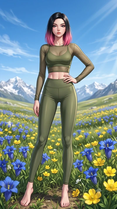 score_9, masterpiece, best quality, ultra-detailed, high-budget anime keyframe, editorial fashion photography, tasteful artistic composition, Korean woman woman. low angle full-body shot from head to toe showing her feet, filling the entire 9:16 vert