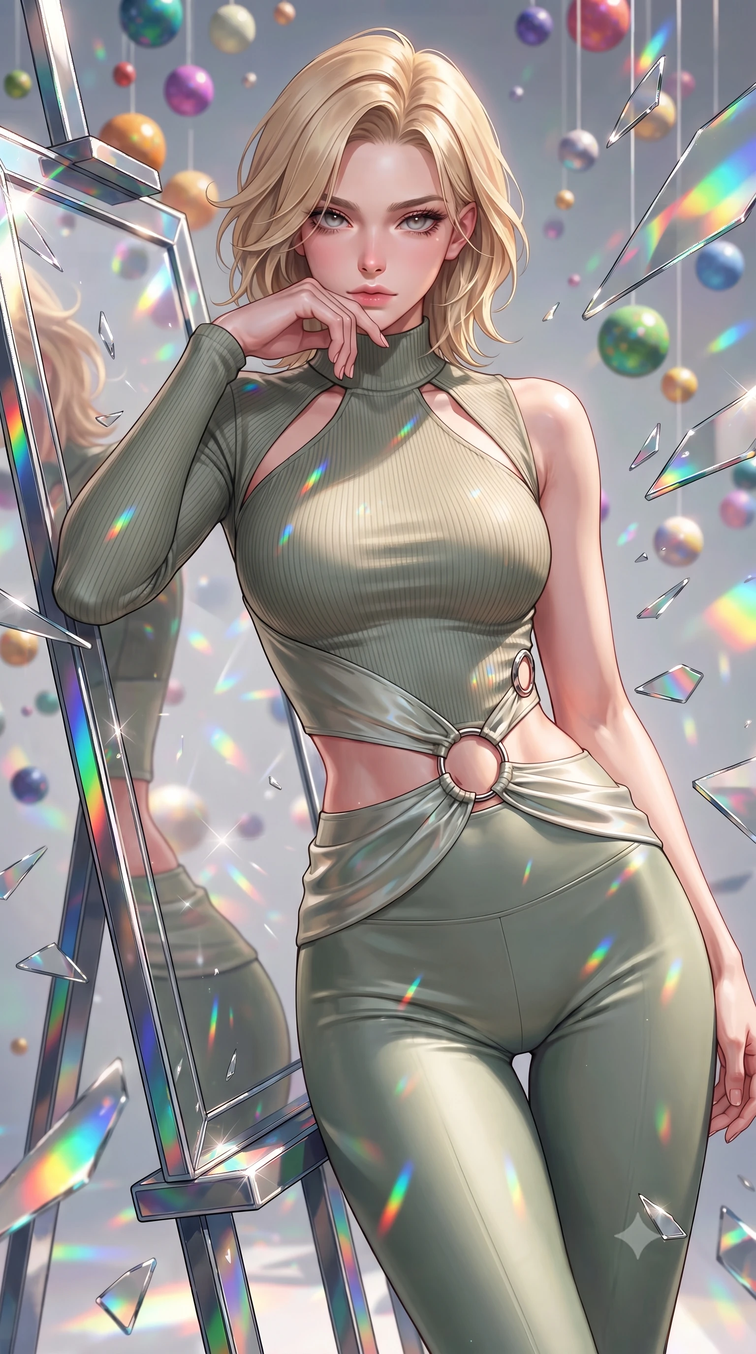 score_9, masterpiece, best quality, ultra-detailed, high-budget anime keyframe, editorial fashion photography, tasteful artistic composition, Caucasian woman. close-up cowboy shot from the waist and thighs up, the character dominates the composition, filling the frame with her large presence, background elements kept in soft focus. Resting her chin on the backs of her fingers, casting a sharp, mysterious gaze leaning against a mirrored easel surrounded by suspended pigment spheres, shattered mirror shards scattering brilliant rainbow reflections everywhere. She has an exceptionally elegant, slender, and willowy female figure with an ultra-slim waist, a gracefully sculpted slender torso, and a refined silhouette. sharp v-shaped jawline, high-bridge nose, intricate jewel-like eyes with depth, thick eyelashes, glossy lips with a natural sheen. wearing a form-fitting ribbed activewear set with collar cutouts in sage green and oatmeal, crafted from lustrous satin jersey with fluid draping, accented with delicate chrome ring hardware framing her waist, the tailored fabric tightly following every curve of her athletic build. bathed in high-contrast vibrant studio lighting with sharp specular highlights. highly saturated vibrant anime colors, detailed shading with soft gradients, rich glossy textures, high-contrast stereoscopic depth, volumetric dynamic lighting, master piece, 9:16 ratio