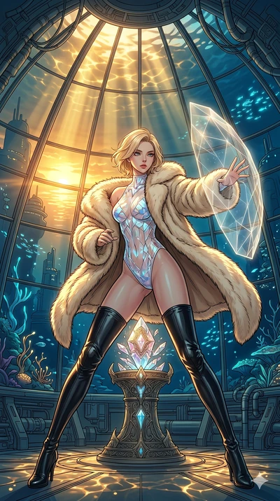 score_9, masterpiece, best quality, ultra-detailed, high-budget anime movie keyframe, cinematic anime lighting, intricate line art, Korean woman. Low angle cowboy shot filling the entire 9:16 frame with her statuesque presence. defending a sacred rel