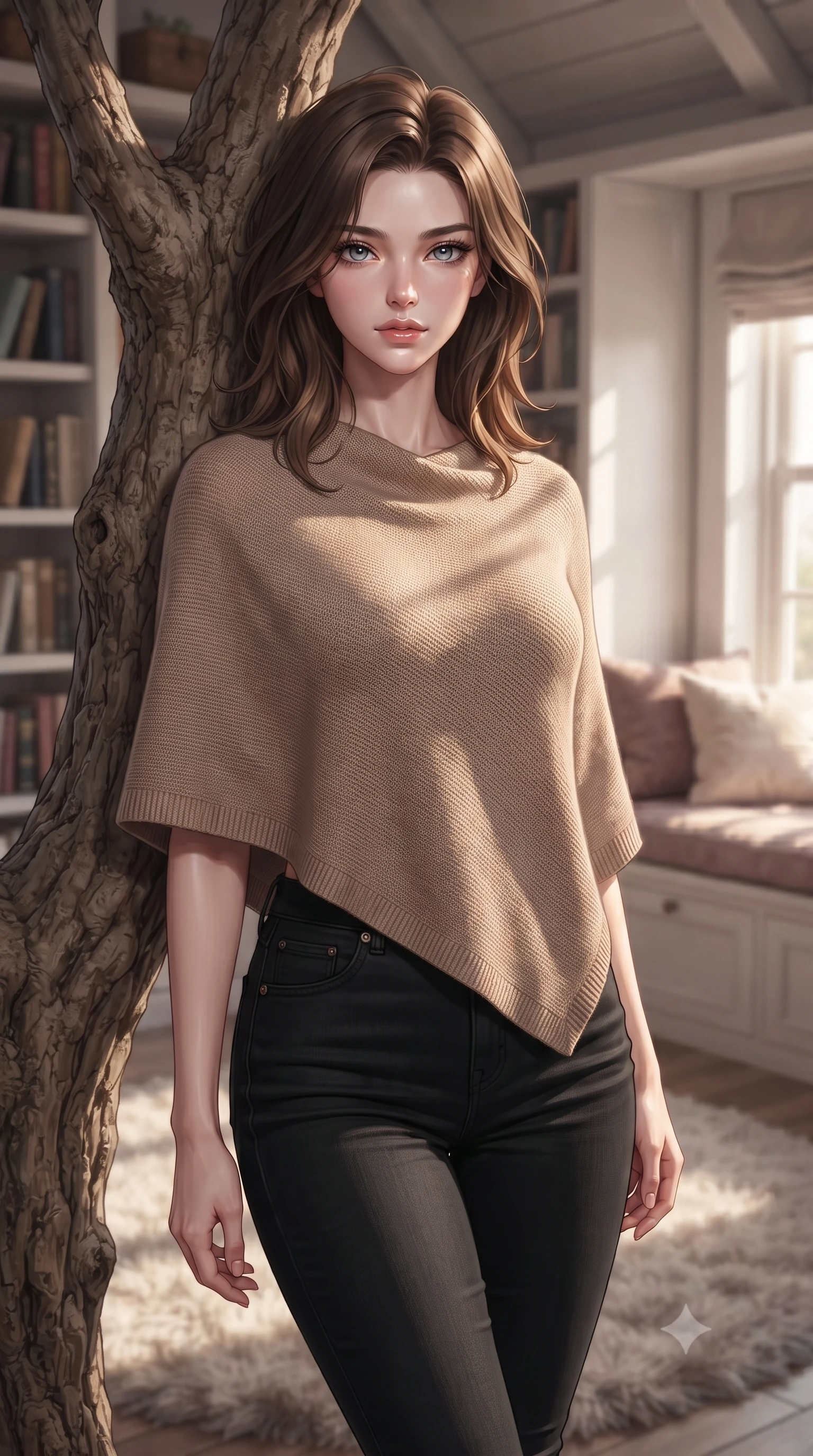 score_9, masterpiece, best quality, ultra-detailed, high-budget anime keyframe, editorial fashion photography, tasteful artistic composition, Korean woman woman. close-up cowboy shot from the waist and thighs up, the character dominates the composition, filling the frame with her large presence, background elements kept in soft focus. standing relaxed against a tree trunk, sharing a quiet, serene moment with the viewer the background shows a soft-focus a quiet attic room with bookshelves lining the walls, a soft rug, and a window seat. She has an exceptionally elegant, slender, and willowy female figure with an ultra-slim waist, a gracefully sculpted slender torso, and a refined silhouette. sharp v-shaped jawline, high-bridge nose, intricate jewel-like eyes with depth, thick eyelashes, glossy lips with a natural sheen. wearing a body-hugging stylish light brown knit poncho over black skinny jeans. soft golden afternoon light filtering through the window, casting long shadow patterns. ultra-reflective glossy finish, specular highlights, metallic sheen, high-contrast stereoscopic depth, volumetric dynamic lighting, 2k, ultra detail, master piece, 9:16 ratio