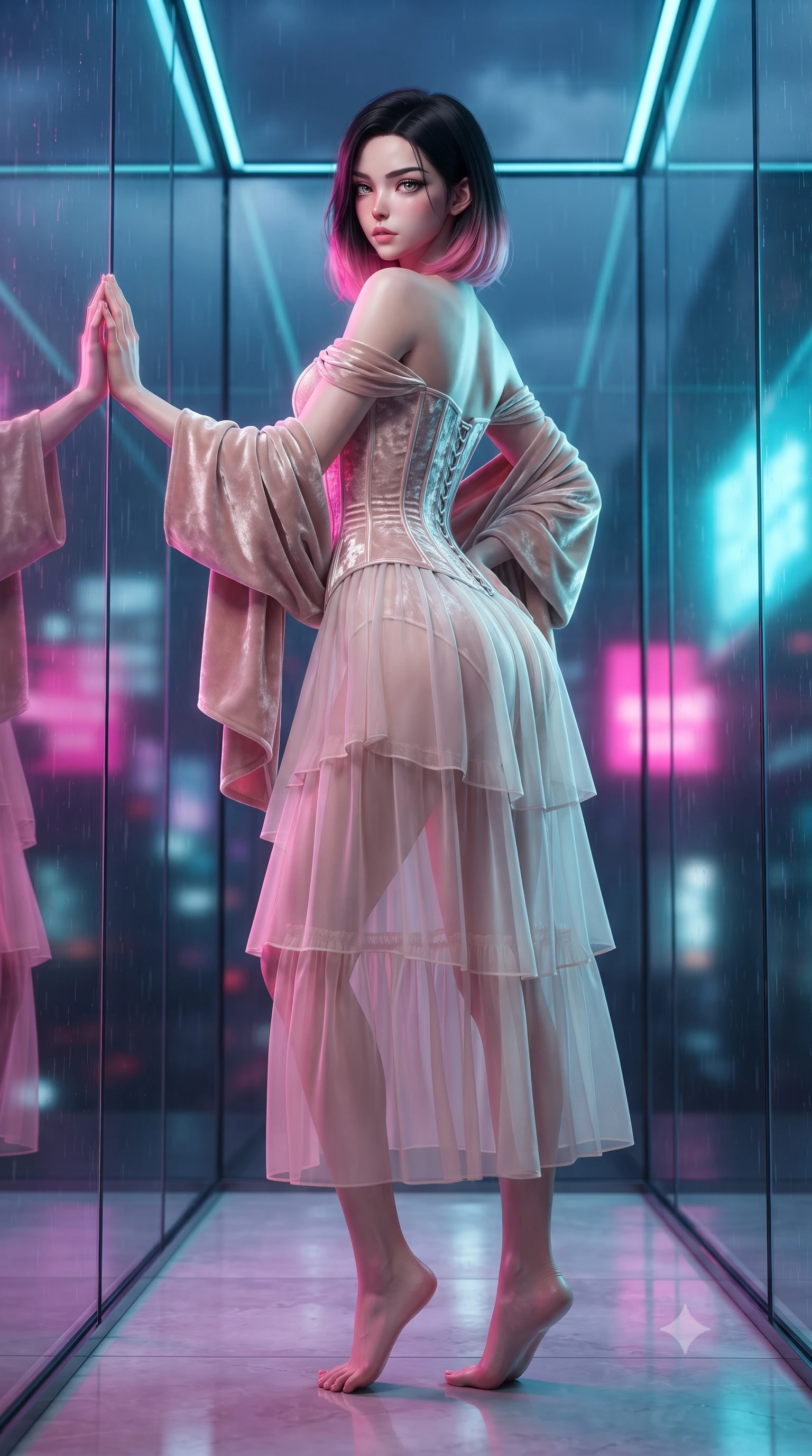 score_9, masterpiece, best quality, ultra-detailed, high-budget anime keyframe, editorial fashion photography, tasteful artistic composition, Korean woman. low angle full-body shot from head to toe showing her feet, filling the entire 9:16 vertical frame with her statuesque presence, stretching her vertical silhouette. posing with back turned slightly to the lens, glancing back with smoldering allure as she arches her lower back to emphasize her sculpted feminine hips and slender waist while twisting her slender torso in an alluring contrapposto stance, one hand pressed against the glass as city neon washes over her curves with bedroom-eyes. The composition keeps background elements in soft focus with creamy bokeh. sleek glasscube structural frame and passing rain clouds softened in futuristic shallow focus. She has an exceptionally tall and slender model-like 8.5-heads proportion, an ultra-slim waist, a flat toned midriff, narrow delicate ribcage, and beautifully sculpted feminine hips creating a graceful, slim hourglass silhouette without any bulky heaviness, with impossibly long slender legs. sharp v-shaped jawline, high-bridge nose, intricate jewel-like eyes with depth, thick eyelashes, glossy parted lips with a natural sheen, intensely captivating and seductive bedroom-eyes expression, flawlessly proportioned anatomical accuracy, strict slender model proportions, natural body alignment, perfectly sculpted long slender limbs, ultra-slim waistline, clean dynamic posture without body distortion. wearing an off-shoulder French court corset bodice dress paired with a tiered translucent chiffon slit skirt in vintage champagne ivory and delicate rose gold, crafted from heavyweight crushed silk velvet with liquid vintage luster, complemented by a plush velvet shawl draped loosely over her elbows, the second-skin form-contouring cut accentuating her sculpted flat midriff, narrow delicate ribcage, and gracefully curvy hips with supermodel precision. bathed in vibrant magenta and electric cyan neon underlights contrasting with cool night sky ambient fill. ultra-reflective glossy finish, specular highlights, rich textural contrasts, high-contrast stereoscopic depth, volumetric dynamic lighting, 2k, ultra detail, master piece, 9:16 ratio