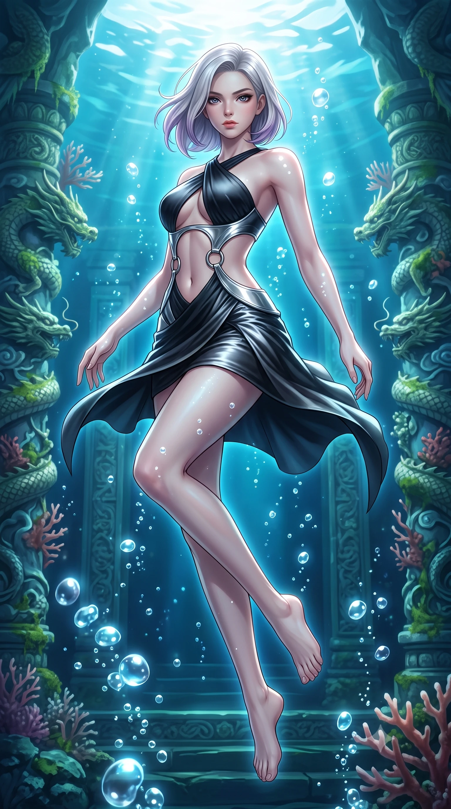 score_9, masterpiece, best quality, ultra-detailed, high-budget anime keyframe, editorial fashion photography, tasteful artistic composition, Caucasian woman. low angle full-body shot from head to toe showing her feet, filling the entire 9:16 vertical frame with her statuesque presence, stretching her vertical silhouette. pivoting dynamically in zero-gravity with fluid body alignment, displaying her perfect model proportions while floating underwater in a dynamic mid-air spin inside a sunken dragon temple, rising bioluminescent bubbles casting soft pearl-like highlights on her skin. She has an absolutely perfect, statuesque 8.5-heads proportion, an exceptionally tall and slender model-like female figure with impossibly long slender legs and an ultra-slim waist. sharp v-shaped jawline, high-bridge nose, intricate jewel-like eyes with depth, thick eyelashes, glossy lips with a natural sheen, flawlessly proportioned anatomical accuracy, natural body alignment, perfectly sculpted elegant limbs, clean dynamic posture without body distortion. wearing a dramatic open-waist cutout mini dress framed by sculptural hardware in matte black and polished silver, crafted from lustrous satin jersey with fluid draping, accented with delicate chrome ring hardware framing her waist, the tailored fabric tightly following every curve of her athletic build. surrounded by a shimmering ocean aura with bright pearl-white specular rim lights. highly saturated vibrant anime colors, detailed shading with soft gradients, rich glossy textures, high-contrast stereoscopic depth, volumetric dynamic lighting, master piece, 9:16 ratio