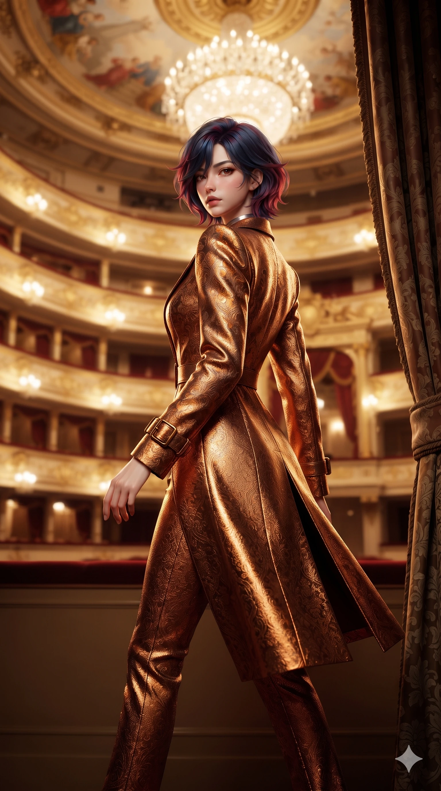 score_9, masterpiece, best quality, ultra-detailed, high-budget anime keyframe, semi-realistic 3D game render, editorial fashion photography, tasteful artistic composition, Korean woman. low angle full-body shot from head to toe showing her feet, filling the entire 9:16 vertical frame with her statuesque presence, stretching her vertical silhouette. walking along the terrace with poise, looking back over her bare shoulder with an irresistible smoldering bedroom-gaze while twisting her slender torso in an alluring S-curve beside heavy damask portieres, warm golden ambient light tracing her flat midriff and hourglass curves. The composition keeps background elements in soft focus with creamy bokeh: horseshoe tiers of gilded private boxes, illuminated frescoed ceiling dome, and massive central crystal chandelier blurred into gold, ivory, and scarlet bokeh. She has an exceptionally tall and slender model-like 8.5-heads proportion, an ultra-slim waist, a flat toned midriff, narrow delicate ribcage, and beautifully sculpted feminine hips creating a graceful, slim hourglass silhouette without any bulky heaviness, with impossibly long slender legs. sharp v-shaped jawline, high-bridge nose, intricate jewel-like eyes with depth, thick eyelashes, glossy parted lips with a natural sheen, intensely captivating and seductive bedroom-eyes expression, flawlessly proportioned anatomical accuracy, strict slender model proportions, natural body alignment, perfectly sculpted long slender limbs, ultra-slim waistline, clean dynamic posture without body distortion. wearing an architectural evening trench coat in metallic jacquard with structured shoulders and horn buckle cuffs in rich copper bronze and warm amber, tailored from water-resistant treated wool gabardine and flexible stretch silk, finished with a minimalist chrome choker and a single teardrop diamond pendant, the impeccably tailored cut draping gracefully along her slender figure with aristocratic poise. illuminated by gilded wood reflection bounce and sharp starlight-gold rim lights defining her jawline, narrow waist, and curvy hips. highly saturated vibrant anime colors, detailed shading with soft gradients, rich glossy textures, high-contrast stereoscopic depth, volumetric dynamic lighting, master piece, 9:16 ratio
