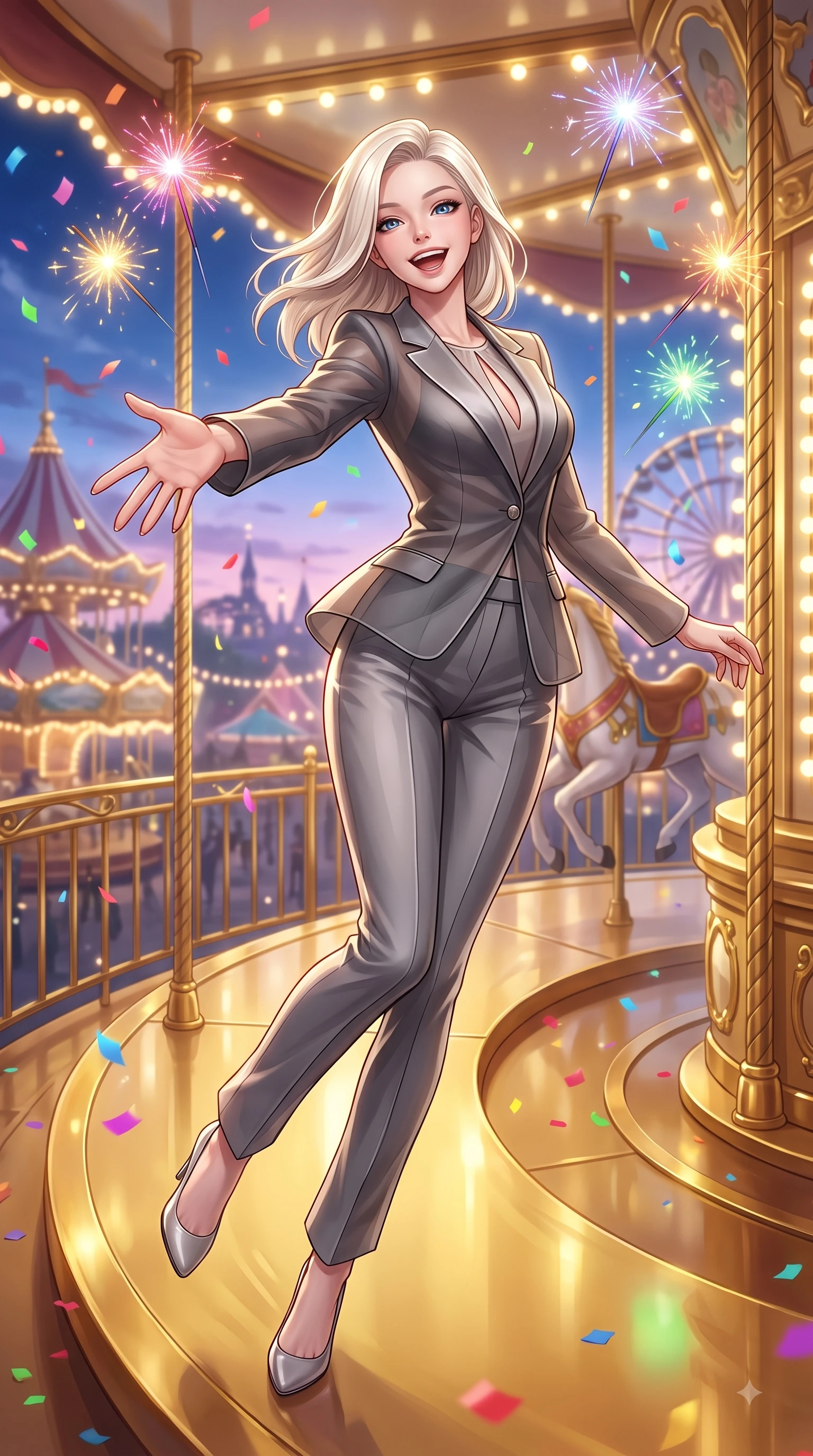 score_9, masterpiece, best quality, ultra-detailed, high-budget anime keyframe, editorial fashion photography, tasteful artistic composition, Caucasian woman. low angle full-body shot from head to toe showing her feet, filling the entire 9:16 vertical frame with her statuesque presence, stretching her vertical silhouette. pivoting dynamically in zero-gravity with a delighted laughing expression, displaying her perfect model proportions while reaching one arm out playfully toward the camera while spinning on a golden carousel deck, floating sparklers and carnival confetti adding festive, happy energy to the air. She has an absolutely perfect, statuesque 8.5-heads proportion, an exceptionally tall and slender model-like female figure with impossibly long slender legs and an ultra-slim waist. sharp v-shaped jawline, high-bridge nose, intricate jewel-like eyes with depth, thick eyelashes, glossy lips with a natural sheen, flawlessly proportioned anatomical accuracy, natural body alignment, perfectly sculpted elegant limbs, clean dynamic posture without body distortion. wearing a tailored silk blazer over a form-contouring scoop-neck top and slacks in charcoal grey and platinum, woven from fine semi-opaque sheer organza, accented with a Tasteful chest slit framing her clavicle gracefully, the elegant draped fit framing her graceful clavicle and slender torso. surrounded by a bright, magical theme park ambiance with rich specular glow. ultra-reflective glossy finish, specular highlights, metallic sheen, high-contrast stereoscopic depth, volumetric dynamic lighting, 2k, ultra detail, master piece, 9:16 ratio
