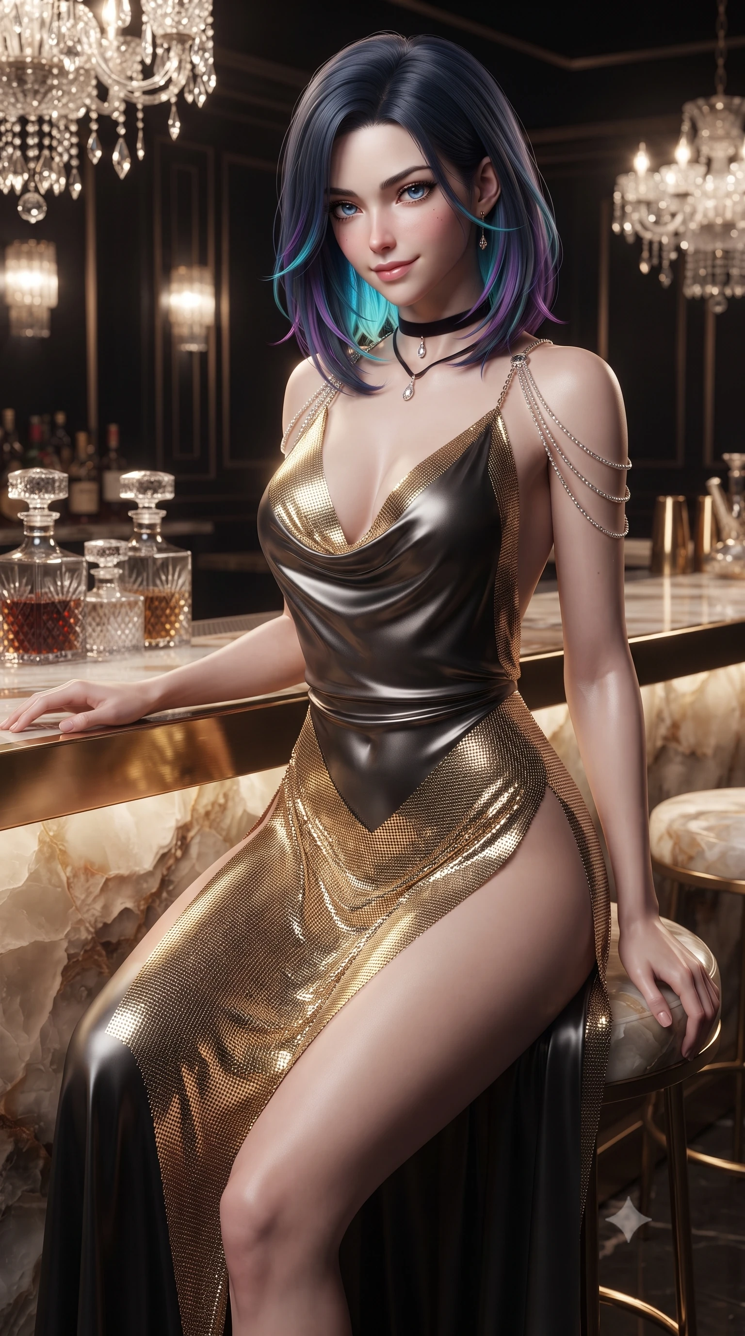 score_9, masterpiece, best quality, ultra-detailed, high-budget anime keyframe, editorial fashion photography, tasteful artistic composition, Caucasian woman. close-up cowboy shot from the waist and thighs up, the character dominates the composition, filling the frame with her large presence. tilting her head with a teasing half-smile, running one hand slowly down the side of her hip in a flirtatious S-curve as ambient light caresses her silhouette while turning slowly on the barstool with a teasing half-smile, running one hand lightly along the counter with effortless magnetic allure. The surrounding environment is rendered in vivid detail and crisp panoramic clarity: sharp crystalline onyx stone veining relief, cut-crystal glass facets, and polished brass bar edging in deep focus. She has an exceptionally elegant, slender, and willowy female figure with an ultra-slim waist, flat toned midriff, narrow ribcage, and sculpted feminine hips creating an alluring, slim hourglass silhouette without bulk. sharp v-shaped jawline, high-bridge nose, intricate jewel-like sparkling eyes with depth, thick eyelashes, glossy parted lips with a natural peach sheen, bright cheerful beaming smile with an enchanting and coquettish sensual glint, exuding both youthful cute charm and seductive allure, flawlessly proportioned anatomical accuracy, strict slender model proportions, natural body alignment, perfectly sculpted long slender limbs, ultra-slim waistline, clean dynamic posture without body distortion. wearing a plunging cowl-neck liquid satin resort gown with dramatic hip-high side slits and crystal shoulder cords in smoky charcoal noir and reflective metallic platinum, made of shimmering fluid gold chainmail mesh reflecting ambient chandelier light, finished with a thin velvet ribbon choker and a single teardrop diamond pendant, the form-contouring silhouette accentuating her sculpted flat midriff, narrow delicate ribcage, and gracefully curvy hips with intoxicating allure. illuminated by low-key ambient bar downlights and crisp honey-gold rim lights defining her jawline, flat midriff, and slender waist. ultra-reflective glossy finish, specular highlights, rich textural contrasts, high-contrast stereoscopic depth, volumetric dynamic lighting, 2k, ultra detail, master piece, 9:16 ratio
