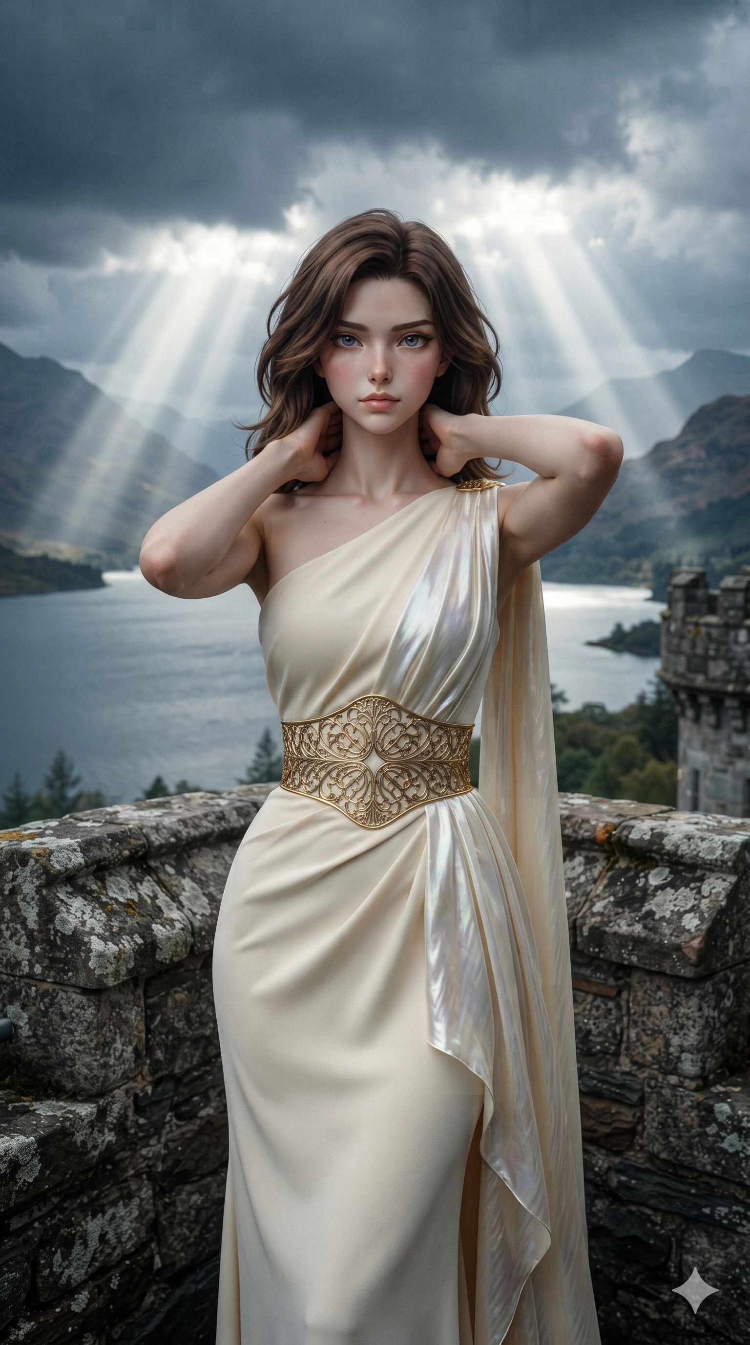 score_9, masterpiece, best quality, ultra-detailed, high-budget anime keyframe, editorial fashion photography, tasteful artistic composition, Korean woman. close-up cowboy shot from the waist and thighs up, the character dominates the composition, filling the frame with her large presence. resting both hands lightly behind her neck with elbows raised, arching her spine to highlight her narrow waist, flat midriff, and breathtaking collarbones while standing on the weathered stone turret balcony high above the loch, windswept hair framing her sharp jawline as dramatic sunbeams break through dark storm clouds. The surrounding environment is rendered in vivid detail and crisp panoramic clarity: sharp ancient granite masonry texture, lichen-covered stone balustrades, and loch ripple clarity in deep focus. She has an exceptionally elegant, slender, and willowy female figure with an ultra-slim waist, flat toned midriff, narrow ribcage, and sculpted feminine hips creating an alluring, slim hourglass silhouette without bulk. sharp v-shaped jawline, high-bridge nose, intricate jewel-like eyes with depth, thick eyelashes, glossy parted lips with a natural sheen, intensely captivating and seductive bedroom-eyes expression, flawlessly proportioned anatomical accuracy, strict slender model proportions, natural body alignment, perfectly sculpted long slender limbs, ultra-slim waistline, clean dynamic posture without body distortion. wearing an asymmetrical one-shoulder crepe evening gown with waist-cinching gold metal belt and elegant drapery in iridescent mother-of-pearl and liquid molten silver, tailored from water-resistant treated wool gabardine and flexible stretch silk, finished with a minimalist chrome choker and a single teardrop diamond pendant, the liquid-tight tailored fabric clinging flawlessly to her narrow waist and rounded feminine hips, emphasizing every millimeter of her sculpted slim hourglass curves without any bulky heaviness. illuminated by cool misty ambient loch light softly contouring her razor-sharp jawline, narrow waist, and curvy hips. ultra-reflective glossy finish, specular highlights, rich textural contrasts, high-contrast stereoscopic depth, volumetric dynamic lighting, 2k, ultra detail, master piece, 9:16 ratio