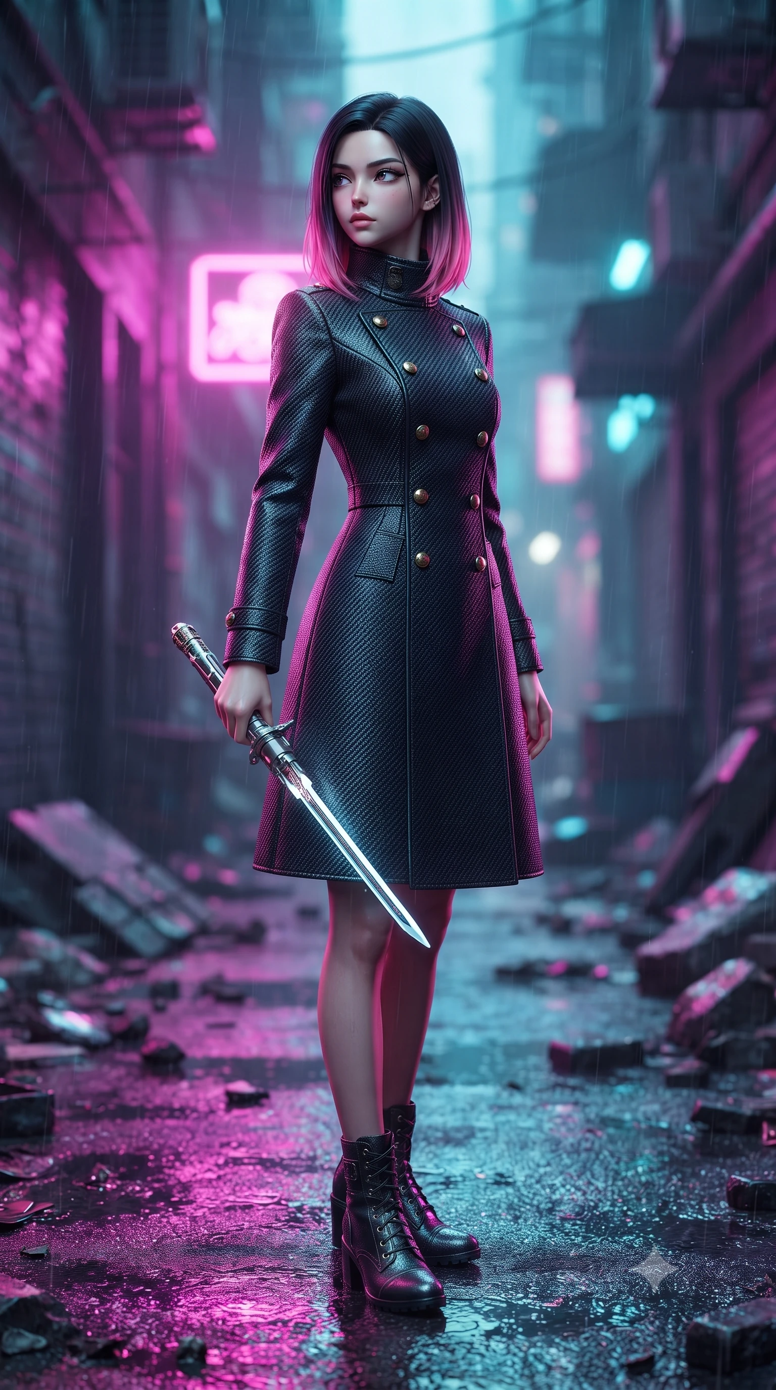 score_9, masterpiece, best quality, ultra-detailed, high-budget anime keyframe, editorial fashion photography, tasteful artistic composition, Korean woman. low angle full-body shot from head to toe showing her feet, filling the entire 9:16 vertical frame with her statuesque presence, stretching her vertical silhouette. stepping gracefully through battlefield debris with a glowing saber hilt in hand, looking back over her shoulder, the background shows a soft-focus a rain-slicked cyberpunk back alley illuminated by flickering neon signs. She has an absolutely perfect, statuesque 8.5-heads proportion, an exceptionally tall and slender model-like female figure with impossibly long slender legs and an ultra-slim waist. sharp v-shaped jawline, high-bridge nose, intricate jewel-like eyes with depth, thick eyelashes, glossy lips with a natural sheen. wearing a slim-fit tailored carbon-weave military dress coat with double-breasted brass buttons and a stiff high-collar wrap. intense magenta and cyan neon lights reflecting off the wet asphalt surface. ultra-reflective glossy finish, specular highlights, metallic sheen, high-contrast stereoscopic depth, volumetric dynamic lighting, 2k, ultra detail, master piece, 9:16 ratio