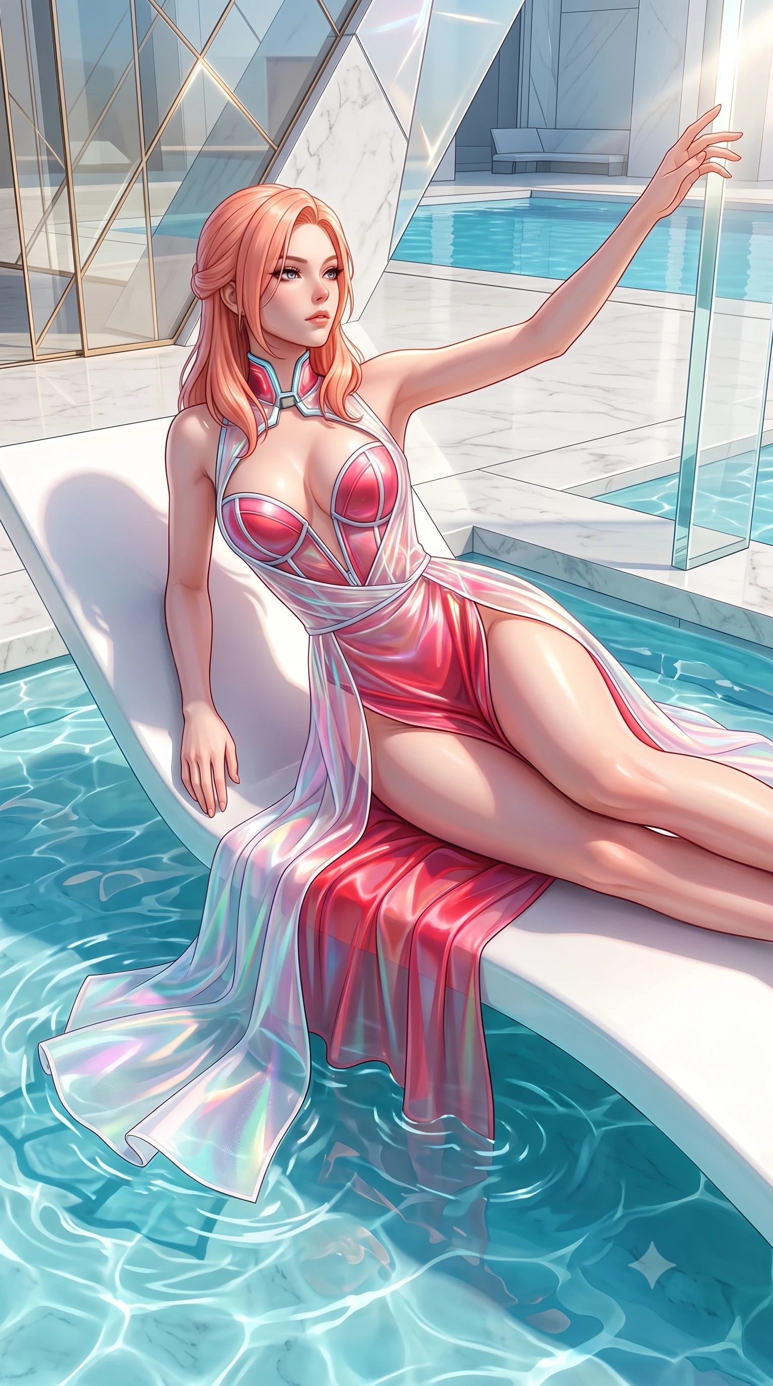score_9, masterpiece, best quality, ultra-detailed, high-budget anime keyframe, semi-realistic 3D game render, editorial fashion photography, tasteful artistic composition, Japanese woman. close-up cowboy shot from the waist and thighs up, the character dominates the composition, filling the frame with her large presence. extending one arm gracefully toward the light while her torso arches in a sleek, alluring curve with magnetic intensity while lounging gracefully on a floating white lounger as clear shallow water ripples around her slender ankles. The surrounding environment is rendered in vivid detail and crisp panoramic clarity. crisp champagne glass panel geometries, clear turquoise water ripples, and polished white stone in deep focus. She has an exceptionally elegant, slender, and willowy female figure with an ultra-slim waist, a gracefully sculpted slender torso, toned flat midriff, and a refined slim silhouette. sharp v-shaped jawline, high-bridge nose, intricate jewel-like eyes with depth, thick eyelashes, glossy lips with a natural sheen, flawlessly proportioned anatomical accuracy, strict slender model proportions, natural body alignment, perfectly sculpted long slender limbs, ultra-slim waistline, clean dynamic posture without body distortion. wearing a translucent iridescent organza wrap dress with structured bustier boning, plunging neckline, and high-cut dual leg slits in radiant crimson silk and crisp snow white, made of smooth iridescent silk chiffon that shifts colors with movement, featuring a dangerously unzipped neckline framed by glowing cybernetic accents, the liquid-tight tailored fabric emphasizing every curve of her tall, slender model proportions and sculptured silhouette during dynamic movement. illuminated by clear directional key light with brilliant specular highlights on glass and water. highly saturated vibrant anime colors, detailed shading with soft gradients, rich glossy textures, high-contrast stereoscopic depth, volumetric dynamic lighting, master piece, 9:16 ratio