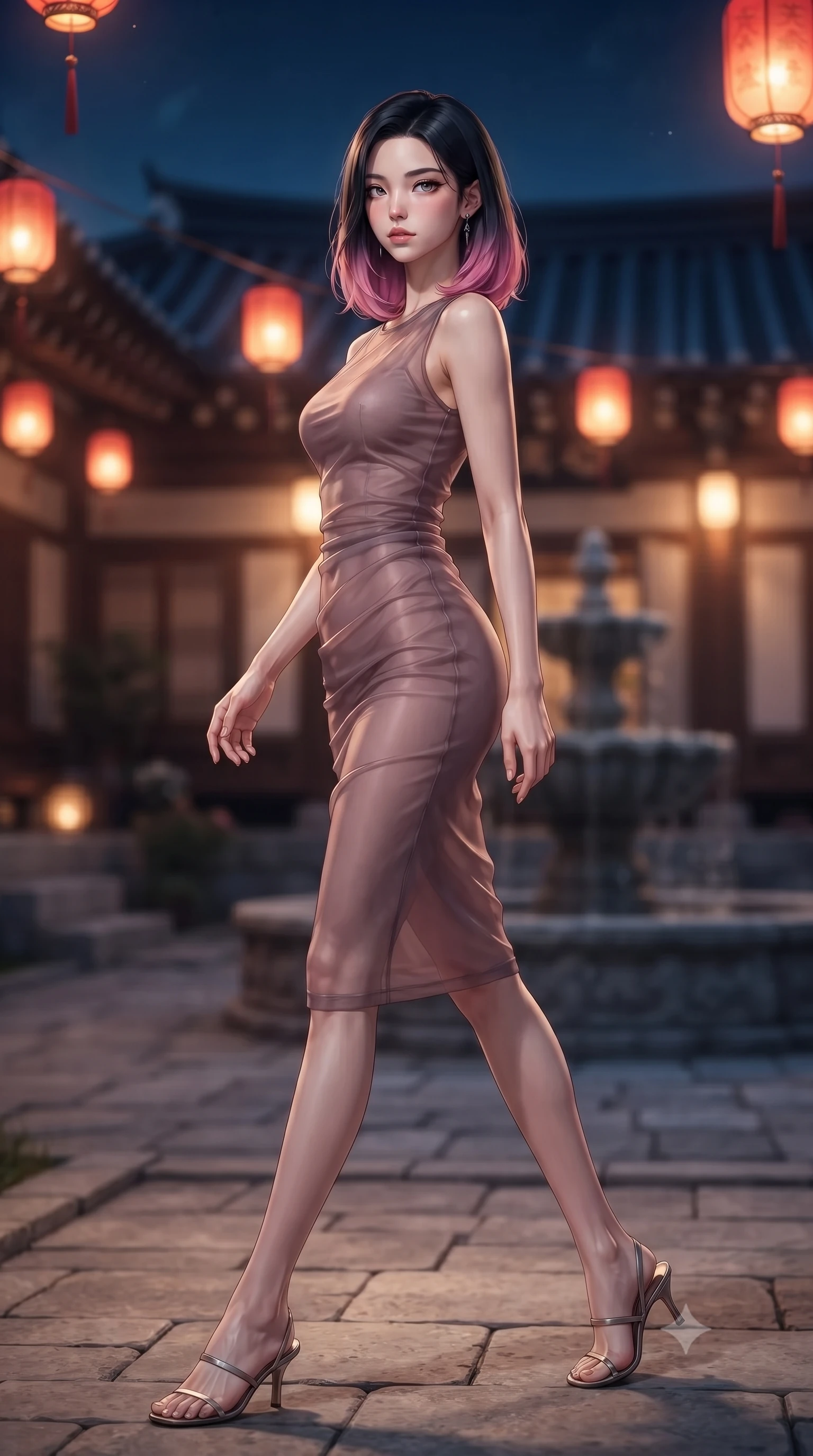 score_9, masterpiece, best quality, ultra-detailed, high-budget anime keyframe, editorial fashion photography, tasteful artistic composition, Korean woman. low angle full-body shot from head to toe showing her feet, filling the entire 9:16 vertical frame with her statuesque presence, stretching her vertical silhouette. stepping gracefully while looking back over her shoulder, her dress draped tightly to reveal her silhouette the background shows a soft-focus a traditional inn courtyard with hanging red lanterns and a stone fountain. She has an absolutely perfect, statuesque 8.5-heads proportion, an exceptionally tall and slender model-like female figure with impossibly long slender legs and an ultra-slim waist. sharp v-shaped jawline, high-bridge nose, intricate jewel-like eyes with depth, thick eyelashes, glossy lips with a natural sheen. wearing a slim-fit sheer organza dress in dusty mauve, showing her slender torso and willowy silhouette. warm amber lantern light contrasting with the cool blue midnight sky. ultra-reflective glossy finish, specular highlights, metallic sheen, high-contrast stereoscopic depth, volumetric dynamic lighting, 2k, ultra detail, master piece, 9:16 ratio