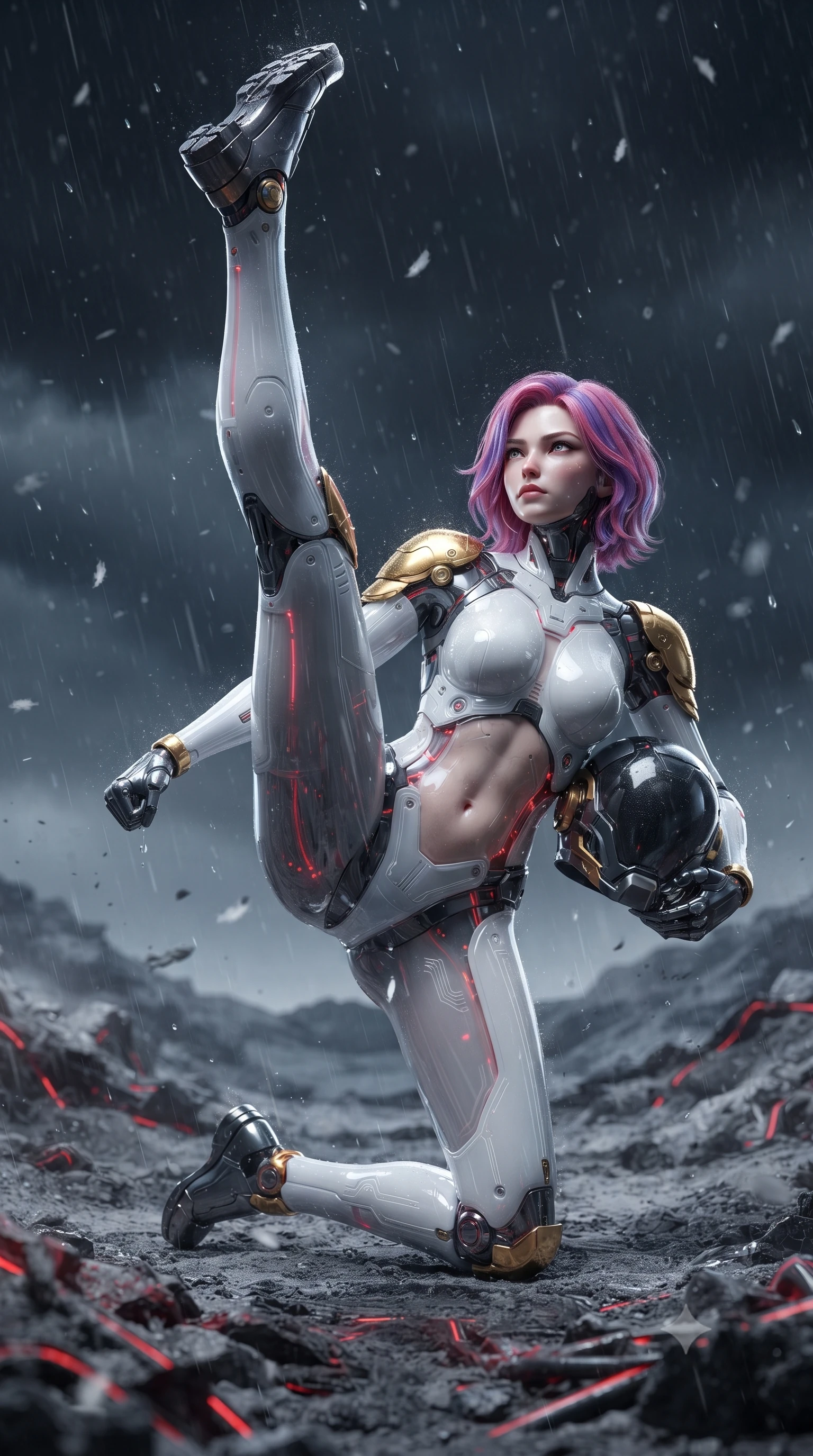 score_9, masterpiece, best quality, ultra-detailed, high-budget anime keyframe, editorial fashion photography, tasteful artistic composition, Caucasian woman. low angle full-body shot from head to toe showing her feet, filling the entire 9:16 vertical frame with her statuesque presence, stretching her vertical silhouette. executing a breathtaking zero-gravity high-kick with full 180-degree vertical extension, her impossibly long slender legs dominating the frame with razor-sharp poise while kneeling on one knee to inspect the barren earth, looking up with a piercing, majestic gaze through drifting ash flakes. The surrounding environment is rendered in vivid detail and crisp panoramic clarity. sharp carbon pauldron edge bevels, glowing red conduit lines, and textured ash ground in deep focus. She has an absolutely perfect, statuesque 8.5-heads proportion, an exceptionally tall and slender model-like female figure with impossibly long slender legs, a toned flat midriff, and an ultra-slim waist. sharp v-shaped jawline, high-bridge nose, intricate jewel-like eyes with depth, thick eyelashes, glossy lips with a natural sheen, fierce and resolute heroine expression, flawlessly proportioned anatomical accuracy, strict slender model proportions, natural body alignment, perfectly sculpted long slender limbs, ultra-slim waistline, clean dynamic posture without body distortion. holding a modular carbon battle-helmet under one arm, her flawless face and sculpted neck exposed to the rain with determined warrior focus, paired with an ultra-sleek high-gloss carbon-composite exoskeleton suit featuring kinetic shock-absorbing shin guards and flexible limb articulation joints in arctic white carbon composite with scratched solar gold armor plating, crafted from semi-translucent cybernetic carbon-vinyl interwoven with glowing micro-filaments, detailed with kinetic shock-dampening knuckle guards and polished chrome connection joints, the precision-cut daring openings accentuating her delicate midriff, graceful bare collarbones, and ultra-slim feminine waistline. illuminated by crisp white key light with sharp specular highlights tracing her ultra-slim waist and long legs. ultra-reflective glossy finish, specular highlights, dark metallic sheen, high-contrast stereoscopic depth, volumetric dynamic lighting, 2k, ultra detail, master piece, 9:16 ratio