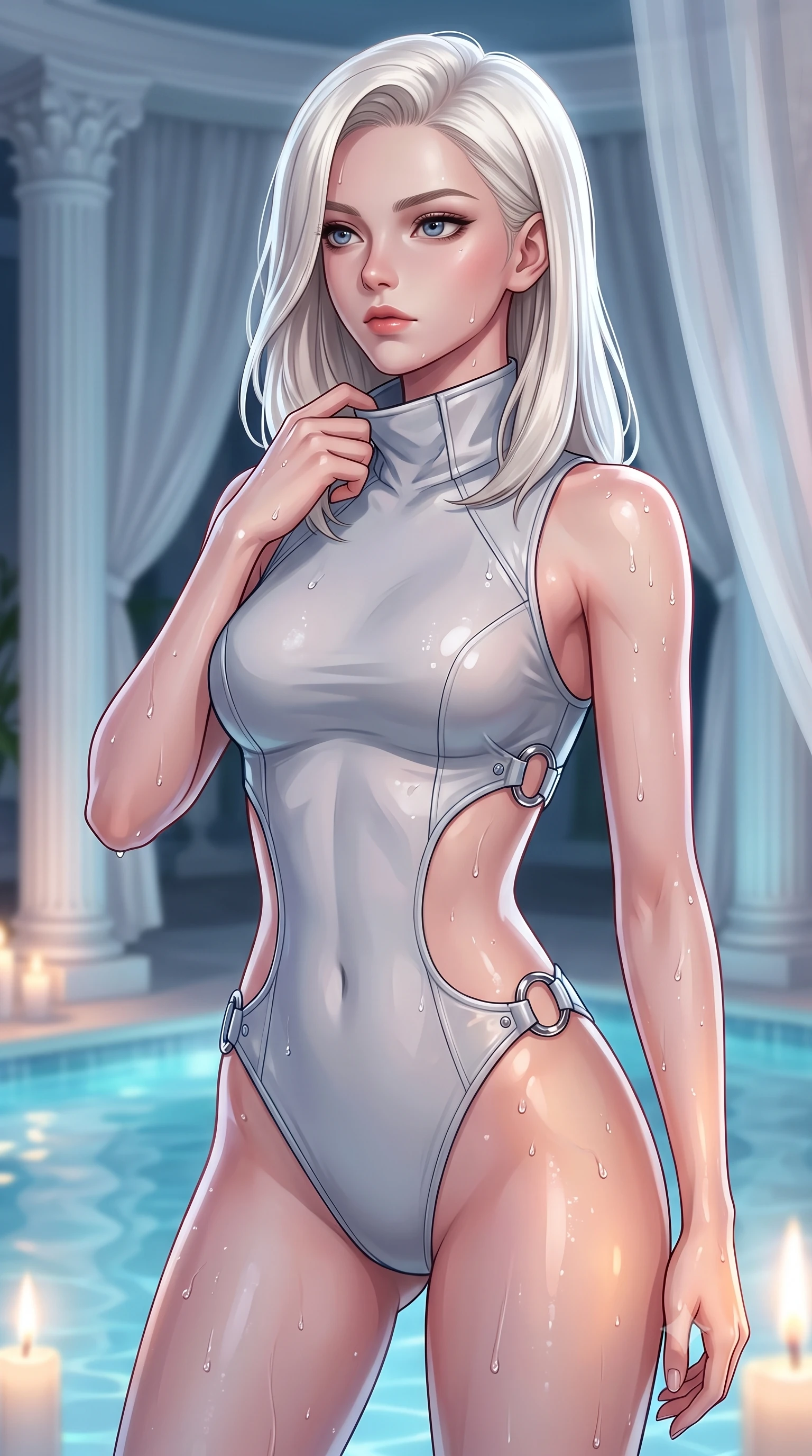 score_9, masterpiece, best quality, ultra-detailed, high-budget anime keyframe, editorial fashion photography, tasteful artistic composition, Caucasian woman. close-up cowboy shot from the waist and thighs up, the character dominates the composition, filling the frame with her large presence, background elements kept in soft focus. adjusting the high collar of her body-hugging suit, looking past the camera with quiet, sharp focus and a composed expression, the background shows a soft-focus a mineral water pool house with white pillars and sheer silk curtains. She has an exceptionally elegant, slender, and willowy female figure with an ultra-slim waist, a gracefully sculpted slender torso, and a refined silhouette. sharp v-shaped jawline, high-bridge nose, intricate jewel-like eyes with depth, thick eyelashes, glossy lips with a natural sheen. wearing a tailored light carbon-plate combat bodysuit featuring dramatic geometric open-waist cutouts framed by chrome ring hardware. soft flickering candle glow refracting through water droplets onto her. highly saturated vibrant anime colors, detailed shading with soft gradients, rich glossy textures, high-contrast stereoscopic depth, volumetric dynamic lighting, master piece, 9:16 ratio