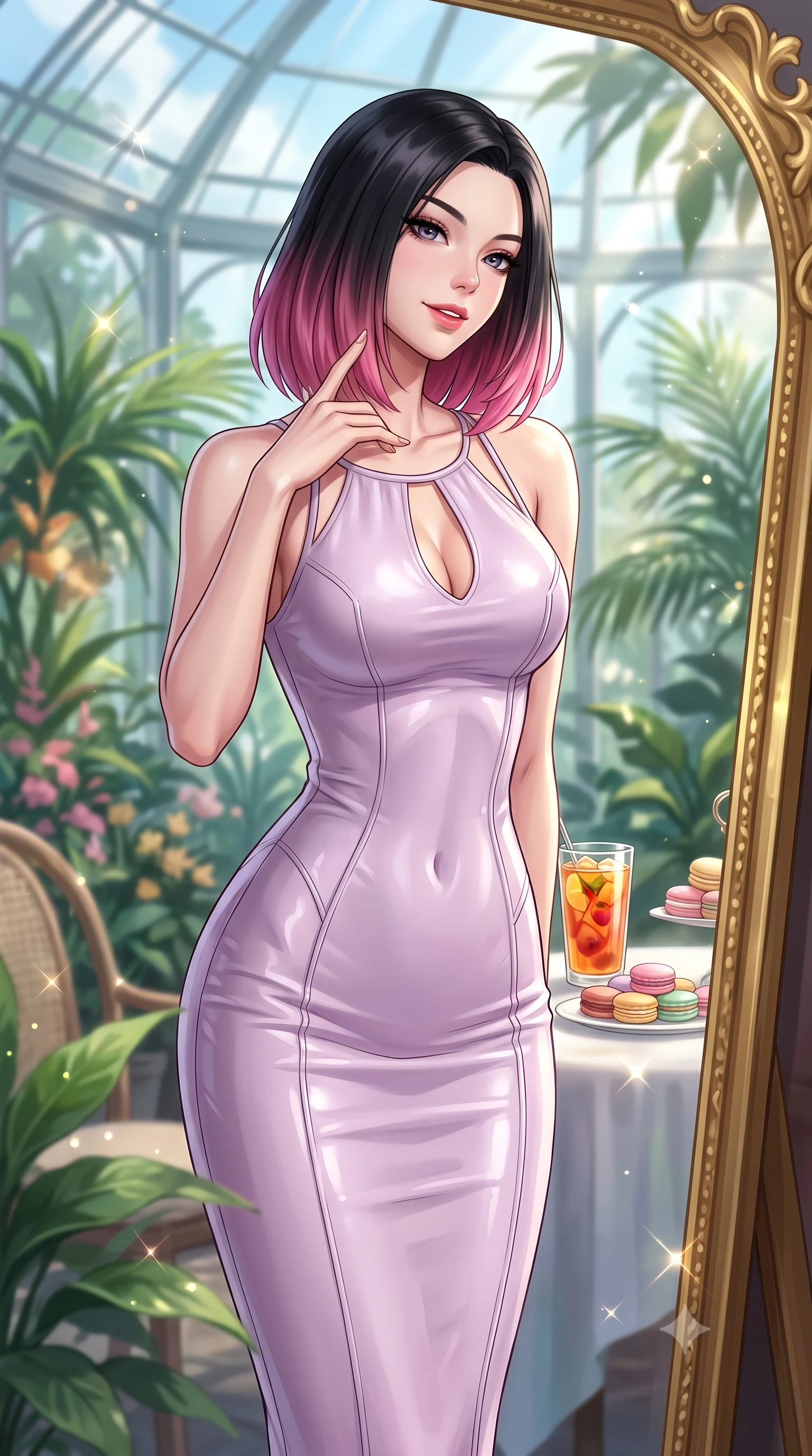 score_9, masterpiece, best quality, ultra-detailed, high-budget anime keyframe, editorial fashion photography, tasteful artistic composition, Korean woman. close-up cowboy shot from the waist and thighs up, the character dominates the composition, filling the frame with her large presence, background elements kept in soft focus. gazing into a gilded mirror reflection with a confident, sensual smile, tracing her neck contour set against a soft-focus background of inside an exclusive botanical greenhouse with a glass of iced fruit tea and delicate macaron pastries arranged on the table. She has an exceptionally elegant, slender, and willowy female figure with an ultra-slim waist, a gracefully sculpted slender torso, and a refined silhouette. sharp v-shaped jawline, high-bridge nose, intricate jewel-like eyes with depth, thick eyelashes, glossy lips with a natural sheen. wearing form-contouring pale lavender glossy leather body-hugging knit midi dress with a tasteful keyhole neckline cutout and thin shoulder straps featuring refined tailored seams. lit by crisp morning sun rays creating sparkling glints on polished glass and water. highly saturated vibrant anime colors, detailed shading with soft gradients, rich glossy textures, high-contrast stereoscopic depth, volumetric dynamic lighting, master piece, 9:16 ratio