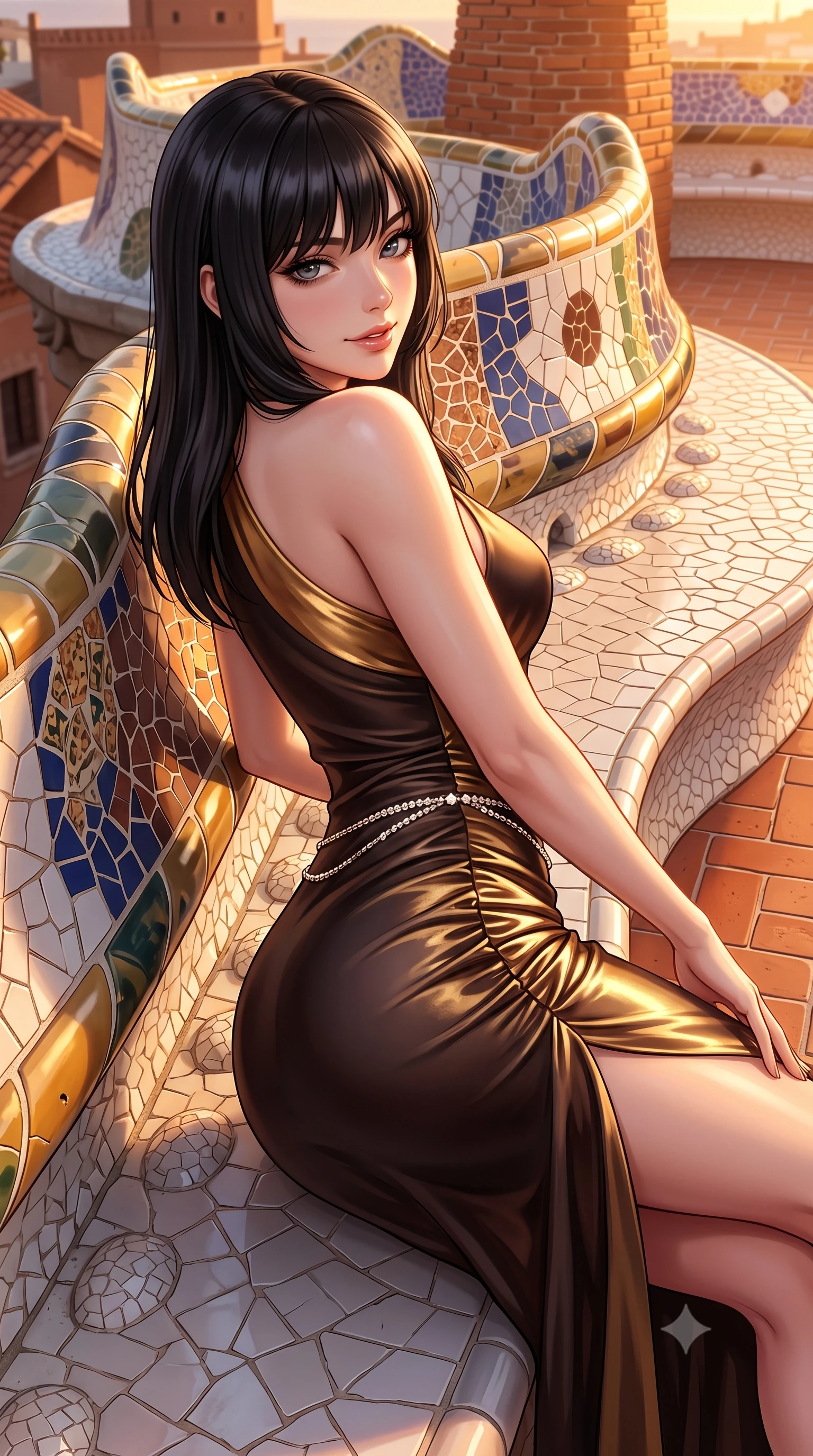 score_9, masterpiece, best quality, ultra-detailed, high-budget anime keyframe, semi-realistic 3D game render, editorial fashion photography, tasteful artistic composition, Caucasian woman. close-up cowboy shot from the waist and thighs up, the character dominates the composition, filling the frame with her large presence. turning over a bare shoulder with an intoxicating, teasing smile, her soft hair framing her sharp jawline as her hips angle gracefully while reclining along the curved serpentine mosaic bench of a Gaudi rooftop, arching her lower back to match the organic architectural waves. The surrounding environment is rendered in vivid detail and crisp panoramic clarity. sharp broken-ceramic trencadís mosaic tile joints, textured mortar, and terracotta brickwork in deep focus. She has an exceptionally elegant, slender, and willowy female figure with an ultra-slim waist, flat toned midriff, narrow ribcage, and sculpted feminine hips creating an alluring, slim hourglass silhouette without bulk. sharp v-shaped jawline, high-bridge nose, intricate jewel-like eyes with depth, thick eyelashes, glossy parted lips with a natural sheen, intensely captivating and seductive bedroom-eyes expression, flawlessly proportioned anatomical accuracy, strict slender model proportions, natural body alignment, perfectly sculpted long slender limbs, ultra-slim waistline, clean dynamic posture without body distortion. wearing a form-contouring cocktail dress with an asymmetrical open shoulder and hip-defining ruching in dark espresso brown and molten gold foil, tailored from ultra-smooth duchess satin with a pearlescent sheen, accented with a dainty diamond waist chain catching the ambient light reflections, the second-skin form-contouring cut accentuating her sculpted flat midriff, narrow delicate ribcage, and gracefully curvy hips with supermodel precision. bathed in glorious golden hour Mediterranean sunset backlighting and warm terracotta tile bounce fill. highly saturated vibrant anime colors, detailed shading with soft gradients, rich glossy textures, high-contrast stereoscopic depth, volumetric dynamic lighting, master piece, 9:16 ratio