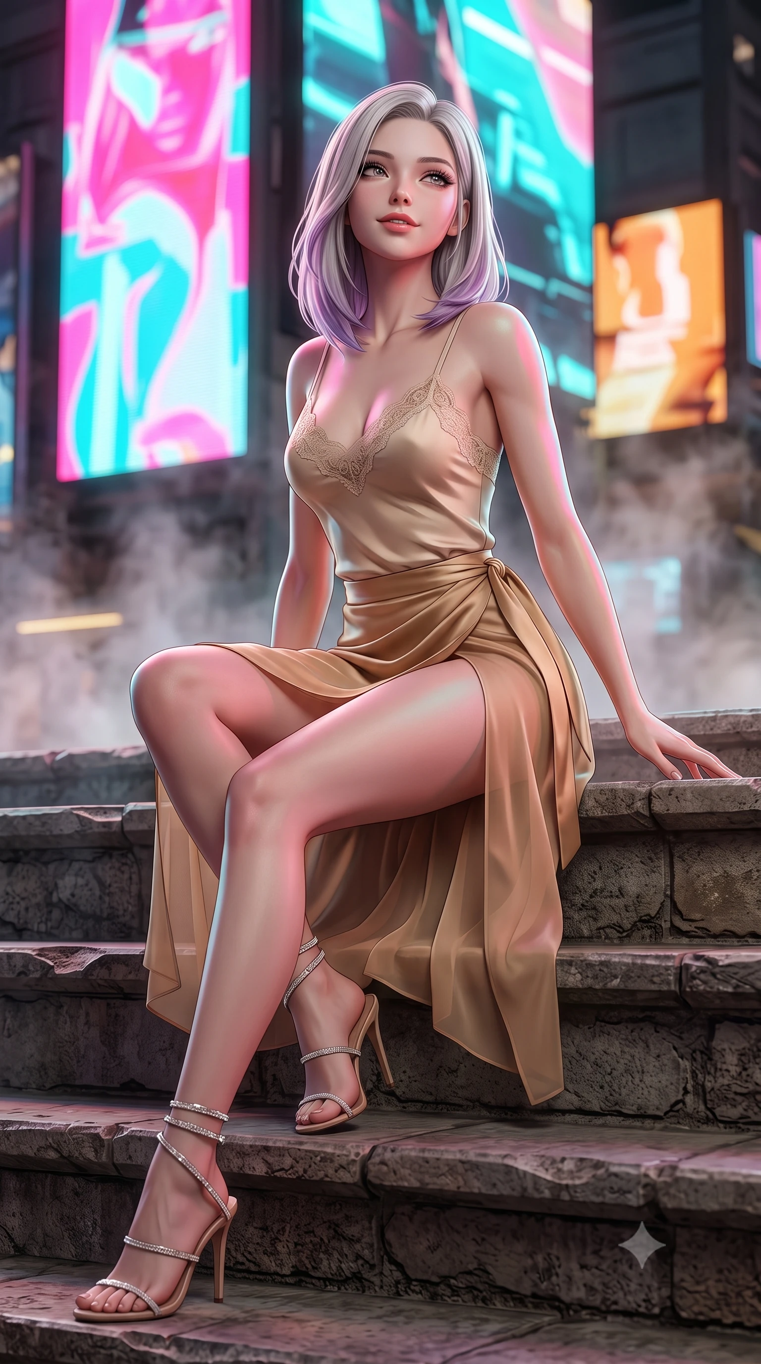 score_9, masterpiece, best quality, ultra-detailed, high-budget anime keyframe, semi-realistic 3D game render, editorial fashion photography, tasteful artistic composition, Caucasian woman. low angle full-body shot from head to toe showing her feet, filling the entire 9:16 vertical frame with her statuesque presence, stretching her vertical silhouette. sitting poised on the stone steps with one knee bent, arching her spine with supermodel elegance as she glances upward through thick eyelashes while twisting her slender torso in an alluring contrapposto stance, giant advertising screen video projections painting vibrant colors across her curves. The background shows a soft-focus rising thermal water vapor softened in cinematic cyberpunk luxury shallow focus. She has an absolutely perfect, statuesque 8.5-heads proportion, an exceptionally tall and slender model-like female figure with impossibly long slender legs, an ultra-slim waist, a flat toned midriff, narrow delicate ribcage, and beautifully sculpted feminine hips creating a graceful, slim hourglass silhouette without any bulky heaviness. sharp v-shaped jawline, high-bridge nose, sparkling eyes with hypnotic seductive depth, thick curled eyelashes, glossy parted lips with a natural dewy peach sheen, alluring bedroom-eyes with an enchanting coquettish smile, exuding magnetic siren charisma and sophisticated glamour, flawlessly proportioned anatomical accuracy, strict slender model proportions, natural body alignment, perfectly sculpted long slender limbs, ultra-slim waistline, clean dynamic posture without body distortion. wearing a delicate lace-trimmed silk camisole paired with a draped satin wrap sarong mini skirt with high side slit in desert gold and shimmering sand dune champagne, made of sheer gossamer chiffon that drapes softly against skin with airy translucence, complemented by strappy stiletto sandals with crystal ankle wraps accentuating her slender calves, the second-skin tailored fabric adhering flawlessly to her sculpted flat midriff and slender torso, emphasizing her long leg lines and perfectly proportioned willowy build. bathed in dynamic shifting saturated neon pink, cyan, and amber light projected horizontally from monumental electronic billboards. highly saturated vibrant anime colors, detailed shading with soft gradients, rich glossy textures, high-contrast stereoscopic depth, volumetric dynamic lighting, master piece, 9:16 ratio