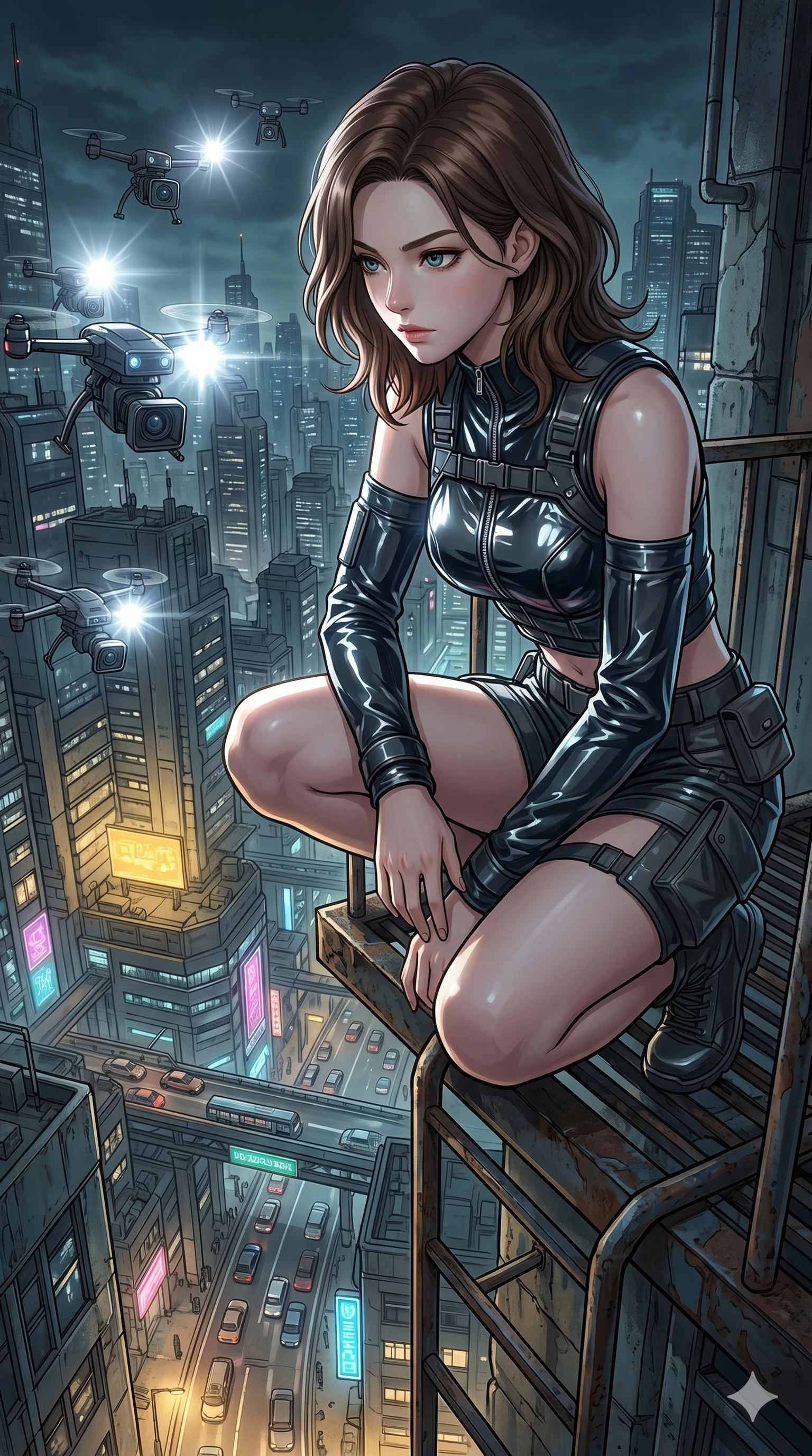 score_9, masterpiece, best quality, ultra-detailed, high-budget anime keyframe, Korean woman. Upper body close-up from the thighs up, character filling the screen for maximum presence. Crouching on a fire escape overlooking a sprawling mega-city, looking down at the busy streets with a focused, analytical expression. She is wearing a glossy vinyl structural vest paired with detached sleeves and utility shorts. The scene is illuminated by the stark white flashes of flying drone cameras and a distant yellow key light. 2k, ultra detail, master piece, 9:16 ratio