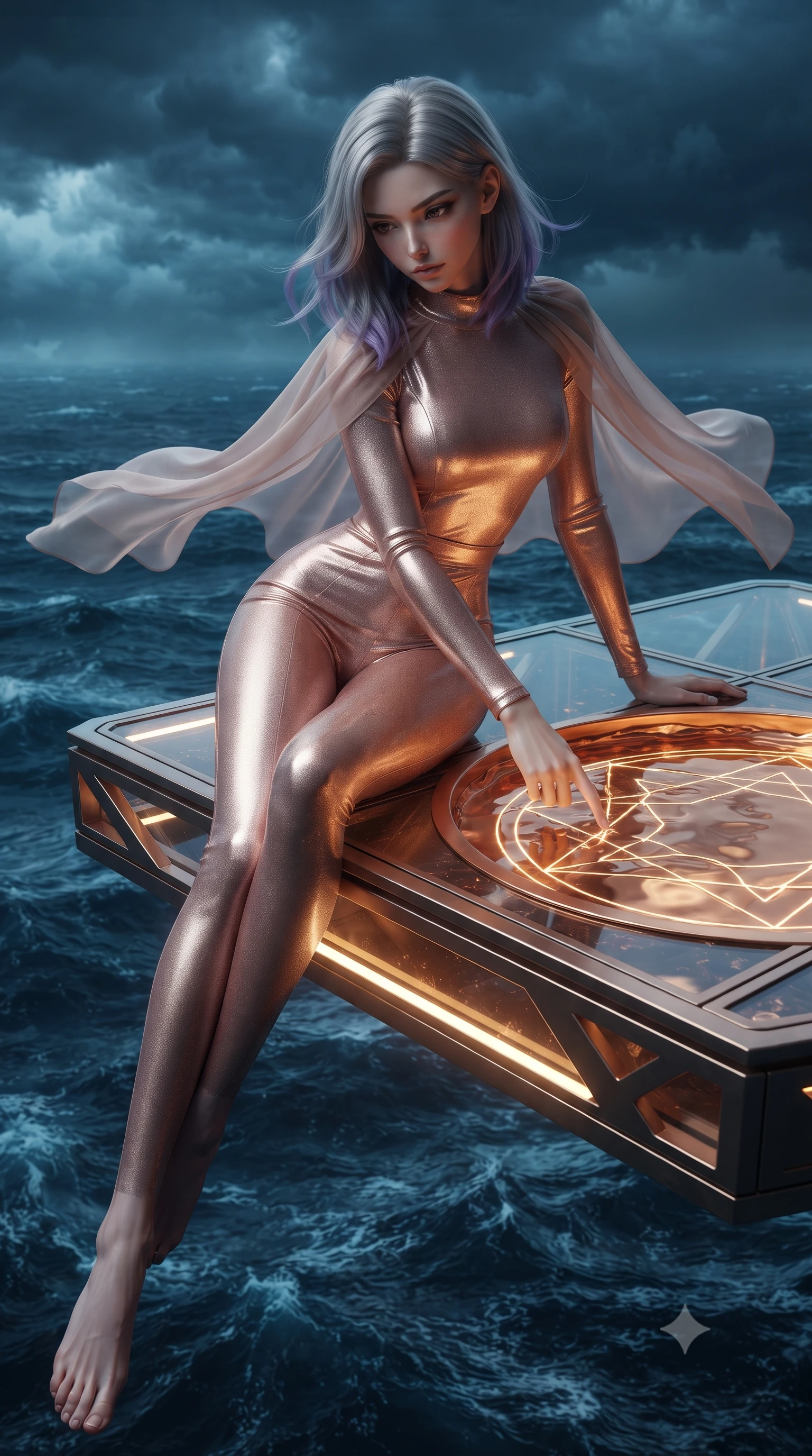 score_9, masterpiece, best quality, ultra-detailed, High-budget Anime Keyframe, editorial fashion photography, tasteful artistic composition, realistic cosplay photography, Caucasian woman, strictly human ears. Low angle cowboy shot filling the entire 9:16 frame with her statuesque presence. Scenario 529: tracing geometric patterns in a pool of warm liquid copper inside a floating platform suspended over a stormy sea of dark blue water. Her presence is magnetic and overpowering in this high-budget cinematic scene. Outfit 529: a tailored rose-gold bodycon knit jumpsuit draped with a semi-transparent chiffon cape. The clothing is designed to emphasize her exceptionally tall and slender 8-heads proportion. 8-heads proportion, towering silhouette, ultra-slim waist. sharp v-shaped jawline, intricate jewel-like eyes with depth, thick eyelashes, glossy lips. ultra-reflective glossy finish, specular highlights, metallic sheen, high-contrast stereoscopic depth, volumetric dynamic lighting, 2k, ultra detail, master piece, 9:16 ratio