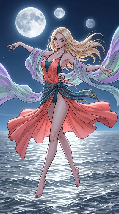 score_9, masterpiece, best quality, ultra-detailed, high-budget anime movie keyframe, cinematic anime lighting, intricate line art, Caucasian (strictly human ears) woman. Mid-air action shot capturing a graceful twist and vertical silhouette. command