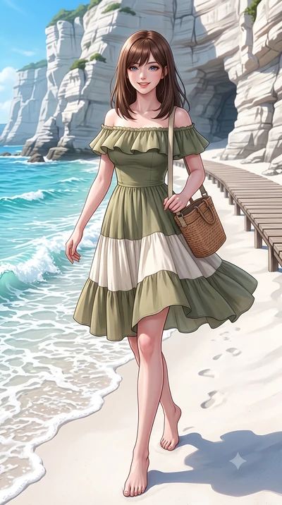 score_9, masterpiece, best quality, ultra-detailed, high-budget anime keyframe, semi-realistic 3D game render, editorial fashion photography, tasteful artistic composition, Korean woman. low angle full-body shot from head to toe showing her feet, fil