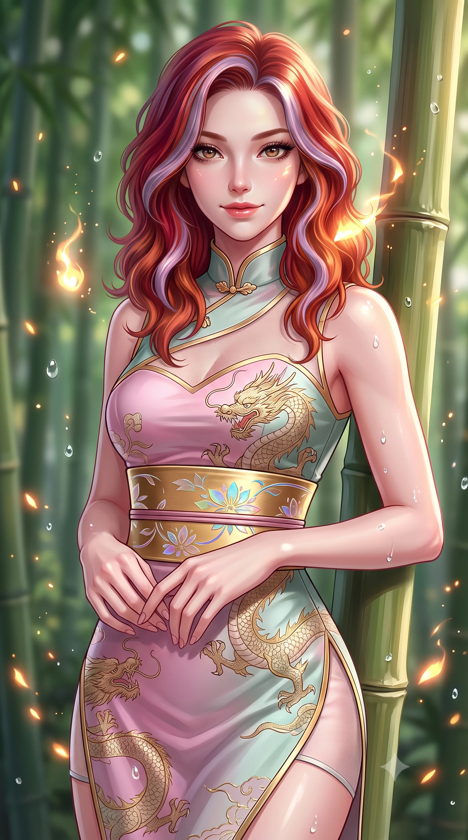 score_9, masterpiece, best quality, ultra-detailed, high-budget anime keyframe, semi-realistic 3D game render, editorial fashion photography, tasteful artistic composition, Caucasian woman. close-up cowboy shot from the waist and thighs up, the character dominates the composition, filling the frame with her large presence. holding her hands loosely in front with regal, aristocratic poise, radiating an overwhelming high-society aura while resting against a smooth bamboo trunk with a playful, enigmatic smile as spirit wisps illuminate her lovely face. The composition keeps background elements in soft focus with creamy bokeh. sparkling spirit flame embers and floating moisture droplets scattering enchanting light motes. She has an exceptionally elegant, slender, and willowy female figure with an ultra-slim waist, a gracefully sculpted slender torso, toned flat midriff, and a refined slim silhouette. sharp v-shaped jawline, high-bridge nose, intricate jewel-like eyes with depth, thick eyelashes, glossy lips with a natural sheen, captivating and magnetic expression, flawlessly proportioned anatomical accuracy, strict slender model proportions, natural body alignment, perfectly sculpted long slender limbs, ultra-slim waistline, clean dynamic posture without body distortion. wearing a dragon-embroidered silk cheongsam modern dress with asymmetrical sheer mesh cutouts and high Mandarin collar in lotus petal pink and jade mist, woven from lightweight fluid silk brocade with woven gold thread, complemented by a wide metallic gold obi sash with holographic floral embroidery, the glove-like aerodynamic second-skin fit tightly clinging to her ultra-slender waist and athletic curves without adding bulk, accentuating her razor-sharp statuesque lines and slim hourglass silhouette. surrounded by an enchanting, mysterious, and captivating oriental spirit sorceress aura. highly saturated vibrant anime colors, detailed shading with soft gradients, rich glossy textures, high-contrast stereoscopic depth, volumetric dynamic lighting, master piece, 9:16 ratio