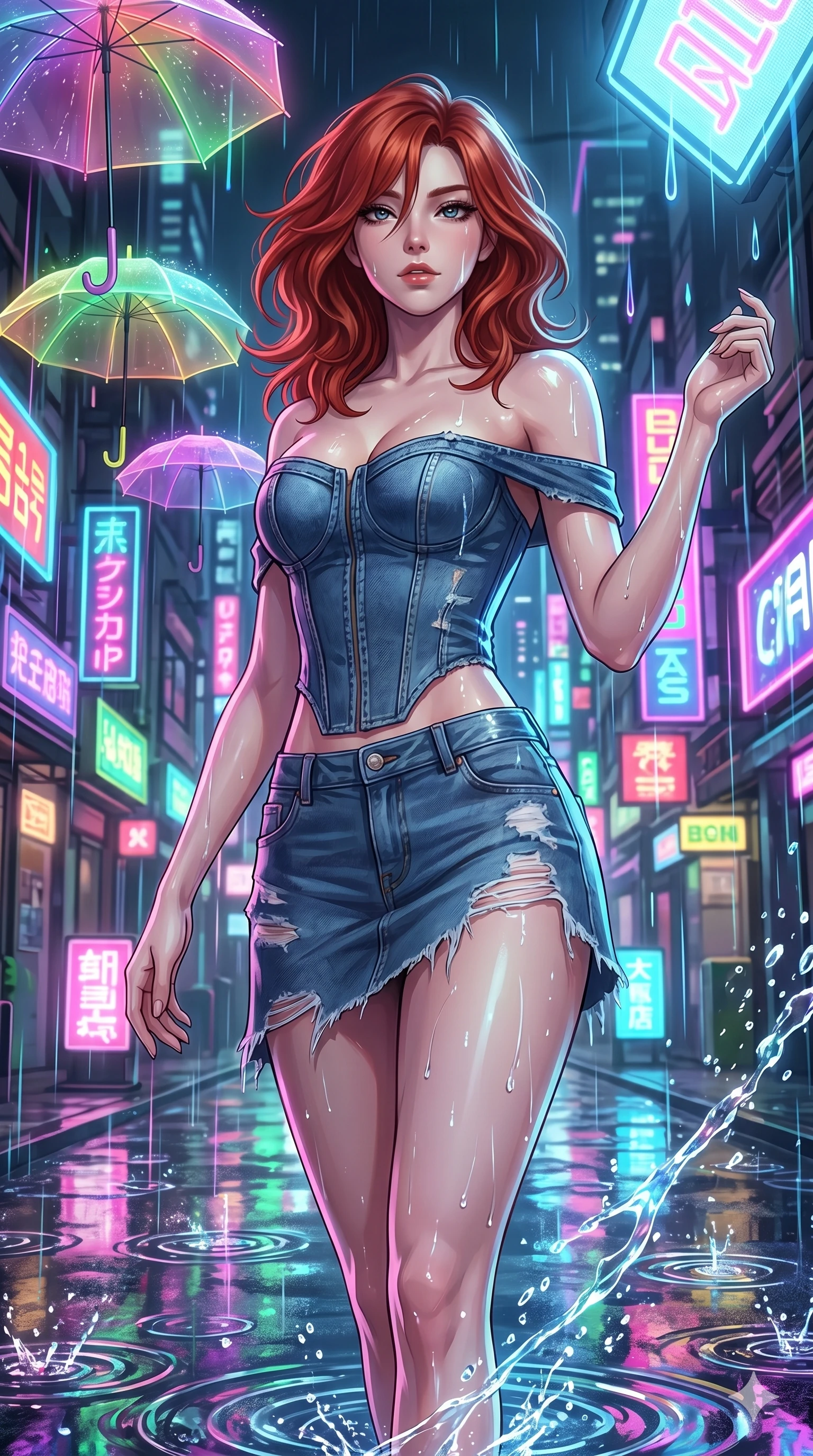 score_9, masterpiece, best quality, ultra-detailed, high-budget anime keyframe, Korean woman. upper body close-up from the thighs up, character filling the screen for maximum presence. navigating a wet neon-lit future street under colorful floating umbrellas as translucent neon raindrops fall, creating brilliant splash ripples. She has an absolutely perfect 8-heads proportion, an exceptionally tall and slender female figure with impossibly long slender legs and an ultra-slim waist. V-shaped jawline, high-bridge nose, intricate jewel-like eyes with depth, thick eyelashes, glossy lips with a natural sheen.. wearing a deconstructed denim corset and an asymmetric ripped denim micro-skirt, showcasing a rugged yet chic off-shoulder style. lit by a soft glowing ambient light and a sharp side key light that traces the sleek contours of her athletic build. 2k, ultra detail, master piece, 9:16 ratio