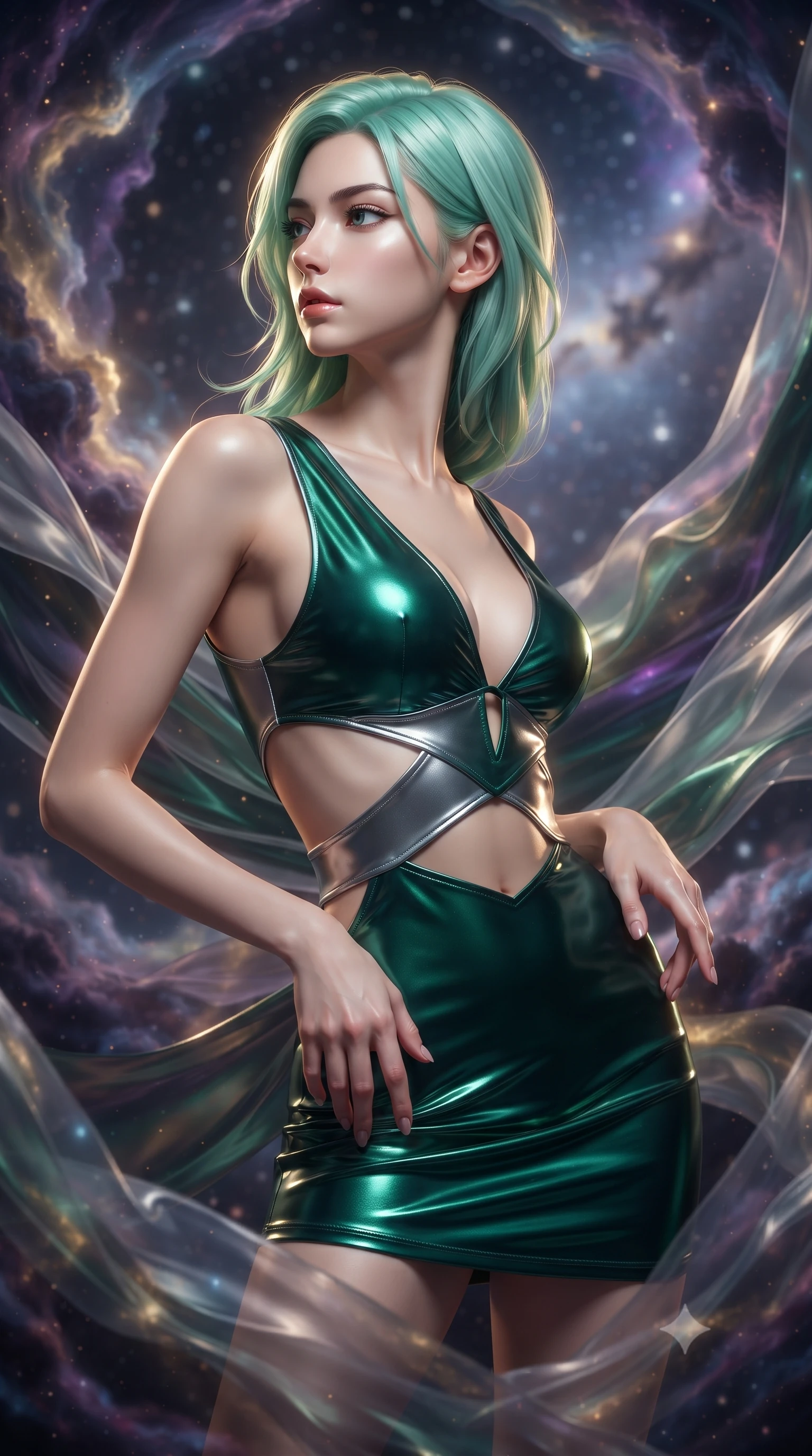 score_9, masterpiece, best quality, ultra-detailed, high-budget anime keyframe, editorial fashion photography, tasteful artistic composition, Japanese woman. close-up cowboy shot from the waist and thighs up, the character dominates the composition, filling the frame with her large presence, background elements kept in soft focus. Turning her face in sharp profile while her upper body leans forward with poised athletic grace while pivoting her body in a dynamic S-curve as cosmic nebula clouds swirl around her, translucent silk drapes swirling in a dynamic cosmic wind vortex. She has an exceptionally elegant, slender, and willowy female figure with an ultra-slim waist, a gracefully sculpted slender torso, and a refined silhouette. sharp v-shaped jawline, high-bridge nose, intricate jewel-like eyes with depth, thick eyelashes, glossy lips with a natural sheen, flawlessly proportioned anatomical accuracy, natural body alignment, perfectly sculpted elegant limbs, clean dynamic posture without body distortion. wearing a liquid mercury gloss mini dress with ultra-deep V-neck and waist cutouts in deep emerald green and silver accent, crafted from smooth liquid silk, featuring subtle geometric cutouts that highlight her ultra-slim midriff, the elegant draped fit framing her graceful clavicle and slender torso. surrounded by a divine cosmic aura with bright golden specular rim lights. ultra-reflective glossy finish, specular highlights, metallic sheen, high-contrast stereoscopic depth, volumetric dynamic lighting, 2k, ultra detail, master piece, 9:16 ratio