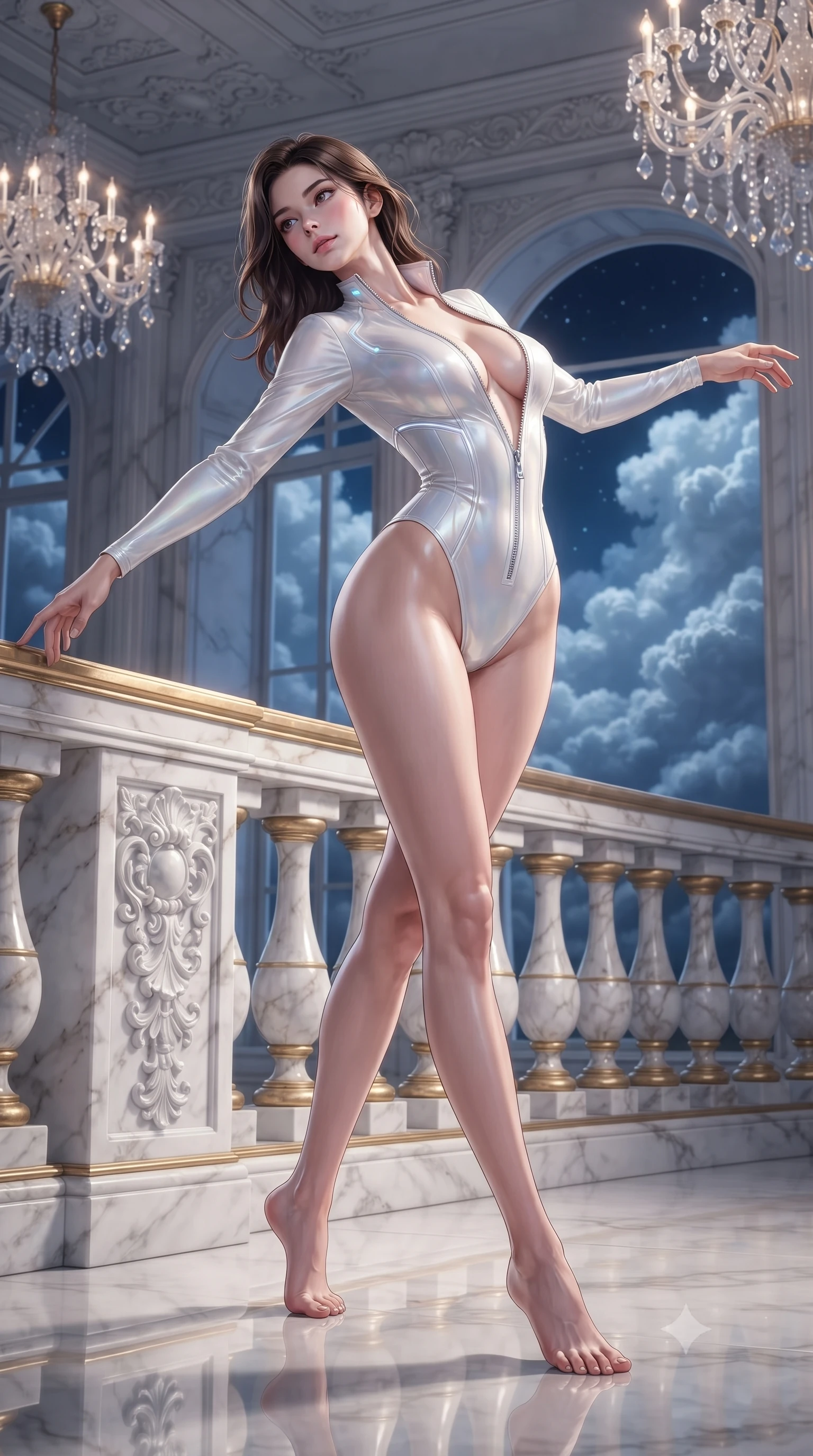 score_9, masterpiece, best quality, ultra-detailed, high-budget anime keyframe, editorial fashion photography, tasteful artistic composition, Korean woman. low angle full-body shot from head to toe showing her feet, filling the entire 9:16 vertical frame with her statuesque presence, stretching her vertical silhouette. arching her back in a fluid zero-gravity turn with sovereign grace, her long slender legs and sculpted torso creating a sweeping line while pivoting dynamically near a gilded balustrade as evening starlight and hovering crystal chandeliers illuminate her gown. The surrounding environment is rendered in vivid detail and crisp panoramic clarity. crisp white marble balustrade carvings, polished floor reflections, and detailed cloud bank textures in deep focus. She has an absolutely perfect, statuesque 8.5-heads proportion, an exceptionally tall and slender model-like female figure with impossibly long slender legs, a toned flat midriff, and an ultra-slim waist. sharp v-shaped jawline, high-bridge nose, intricate jewel-like eyes with depth, thick eyelashes, glossy lips with a natural sheen, flawlessly proportioned anatomical accuracy, strict slender model proportions, natural body alignment, perfectly sculpted long slender limbs, ultra-slim waistline, clean dynamic posture without body distortion. wearing a glossy white second-skin latex bodysuit with high-thigh cuts, exposed clavicle neckline, and gleaming zipper details in glistening liquid pearl white with rainbow opalescence, made of smooth iridescent silk chiffon that shifts colors with movement, featuring a dangerously unzipped neckline framed by glowing cybernetic accents, the precision-cut daring openings accentuating her delicate midriff, graceful bare collarbones, and ultra-slim feminine waistline. surrounded by an enchanting, romantic, and intensely glamorous celestial ballroom ambiance. ultra-reflective glossy finish, specular highlights, metallic sheen, high-contrast stereoscopic depth, volumetric dynamic lighting, 2k, ultra detail, master piece, 9:16 ratio