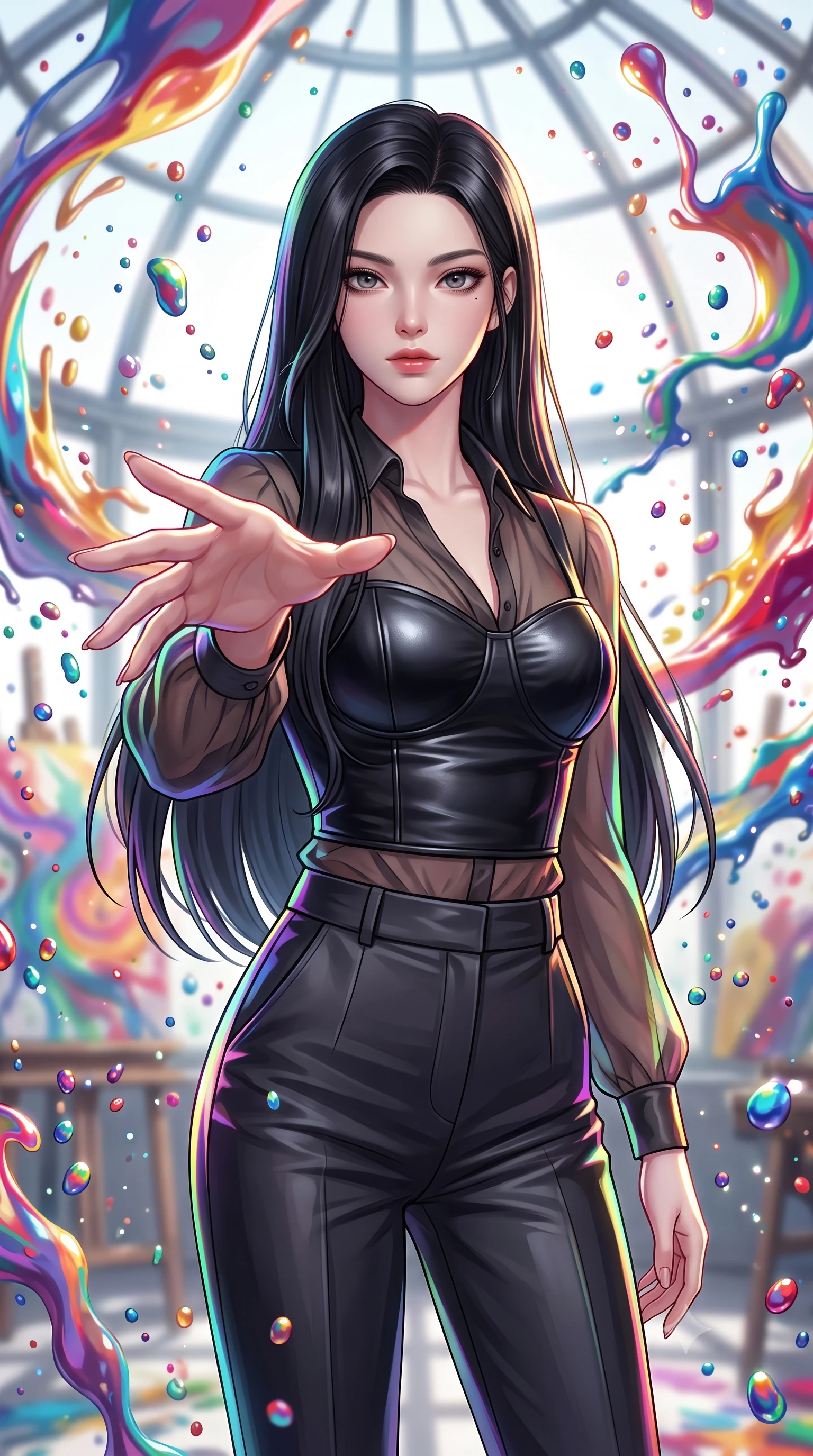 score_9, masterpiece, best quality, ultra-detailed, high-budget anime keyframe, editorial fashion photography, tasteful artistic composition, Korean woman. close-up cowboy shot from the waist and thighs up, the character dominates the composition, filling the frame with her large presence, background elements kept in soft focus. Reaching one hand gracefully toward the viewer with effortless superiority and allure standing inside a glass-domed art atelier filled with floating liquid paint swirls, vibrant paint droplets frozen in time casting specular highlights. She has an exceptionally elegant, slender, and willowy female figure with an ultra-slim waist, a gracefully sculpted slender torso, and a refined silhouette. sharp v-shaped jawline, high-bridge nose, intricate jewel-like eyes with depth, thick eyelashes, glossy lips with a natural sheen. wearing a tailored leather bustier over a sheer silk chiffon blouse with tailored slacks, the sleek second-skin texture accentuating her magnetic presence. drenched in bright white key light with colorful prismatic rim lighting. highly saturated vibrant anime colors, detailed shading with soft gradients, rich glossy textures, high-contrast stereoscopic depth, volumetric dynamic lighting, master piece, 9:16 ratio