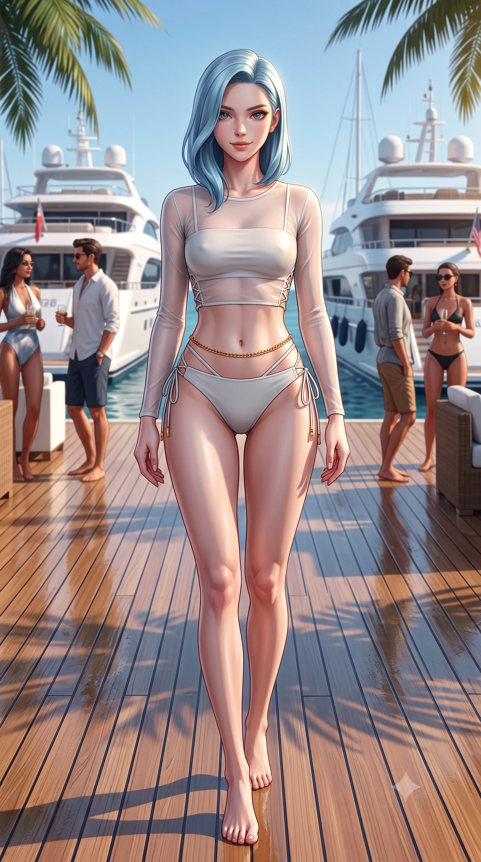score_9, masterpiece, best quality, ultra-detailed, high-budget anime keyframe, semi-realistic 3D game render, editorial fashion photography, tasteful artistic composition, Korean woman. low angle full-body shot from head to toe showing her feet, filling the entire 9:16 vertical frame with her statuesque presence, stretching her vertical silhouette. stepping slowly toward the camera with hypnotic grace, hips swaying in an alluring sensual rhythm that accentuates her curvy hourglass silhouette and long slender legs while standing at the edge of the teak boardwalk with hips cocked back, looking over a bare shoulder toward moored superyachts. The surrounding environment is rendered in vivid detail and crisp panoramic clarity: detailed wet-look neoprene zip swimsuit cling, gold waist chain shine, and luxury beach club styling in razor-sharp precision. She has an absolutely perfect, statuesque 8.5-heads proportion, an exceptionally tall and slender model-like female figure with impossibly long slender legs, an ultra-slim waist, a flat toned midriff, narrow delicate ribcage, and beautifully sculpted feminine hips creating a graceful, slim hourglass silhouette without any bulky heaviness. sharp v-shaped jawline, high-bridge nose, sparkling eyes with hypnotic seductive depth, thick curled eyelashes, glossy parted lips with a natural dewy peach sheen, alluring bedroom-eyes with an enchanting coquettish smile, exuding magnetic siren charisma and sophisticated glamour, flawlessly proportioned anatomical accuracy, strict slender model proportions, natural body alignment, perfectly sculpted long slender limbs, ultra-slim waistline, clean dynamic posture without body distortion. wearing a sheer gossamer mesh long-sleeve rashguard crop top layered over an opaque strappy bandeau and low-waisted briefs in high-contrast coastal monochrome with gold hardware, woven from buttery-soft stretch lambskin leather adhering to her body like a second skin, featuring fine criss-cross lace-up side ties revealing tantalizing glimpses of her hip curve, the precision-cut side openings and low-back scoop framing her graceful spine and the sensual sweep of her slim, toned hips. illuminated by sea water reflection fill and sharp platinum-gold rim lights sculpting her razor-sharp jawline, narrow waist, and curvy hips. highly saturated vibrant anime colors, detailed shading with soft gradients, rich glossy textures, high-contrast stereoscopic depth, volumetric dynamic lighting, master piece, 9:16 ratio